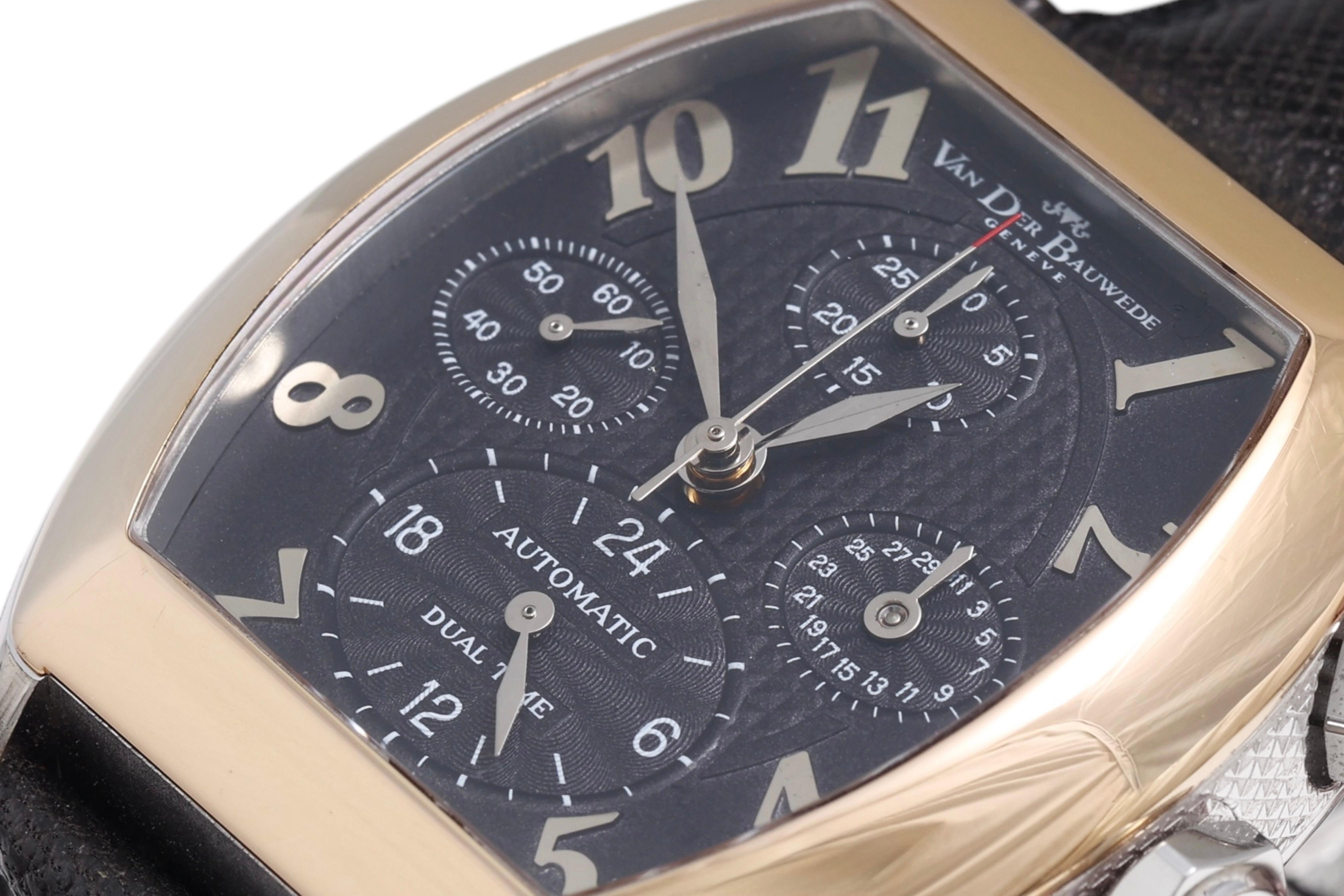18 Kt Gold & Steel Van Der Bauwede Automatic Dual Time Chronograph BNIB Watch For Sale 4