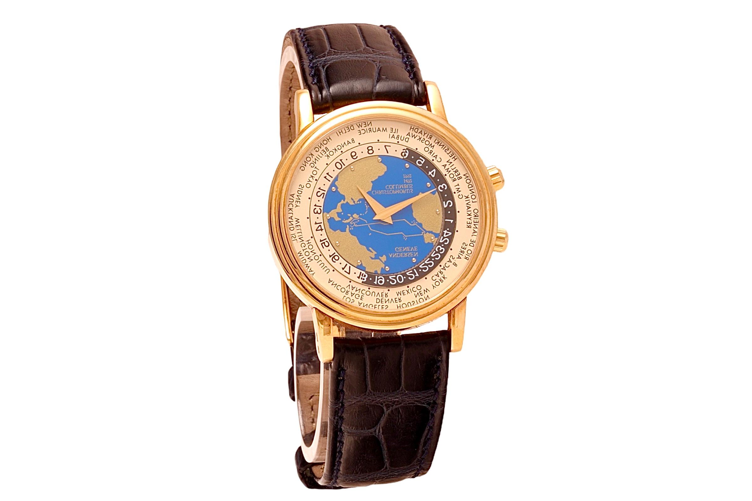 EXTREMELY RARE AND COLLECTIBLE LIMITED EDITION SVEND ANDERSEN WORLDTIMER  BRAND NEW WITH ORIGINAL BOX AND ALL WARRANTY PAPERS !!!!

LIMITED to 500 PIECES of which ONLY 300 in yellow gold !!!

1492-1992: for the 500th ANNIVERSARY  of the