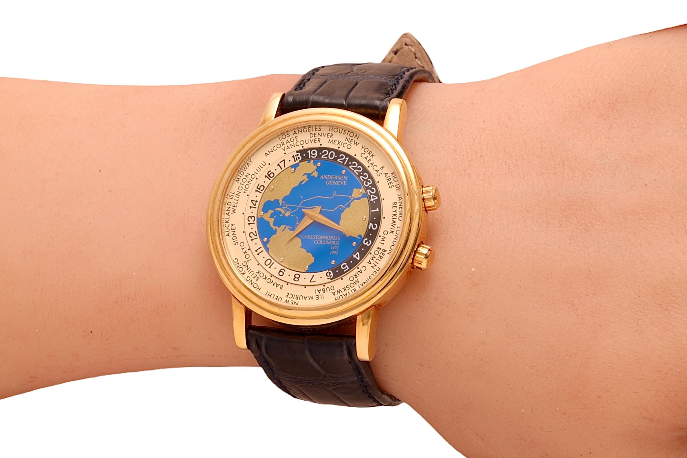 Women's or Men's 18 kt Gold Svend Andersen Worldtimer Limited Wrist Watch For Sale