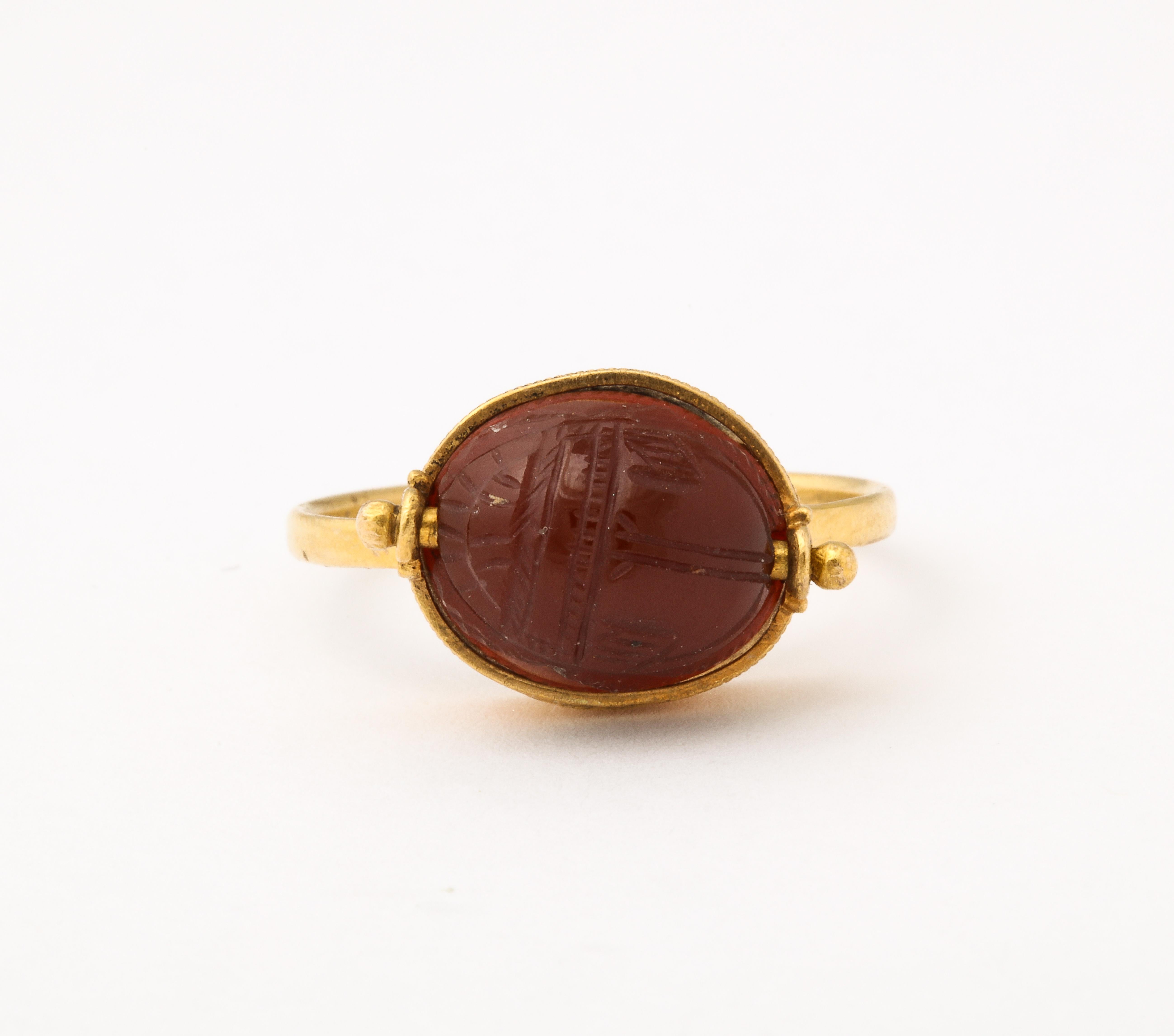 Women's or Men's 18 Kt Gold Two Sided Victorian Carnelian Scarab Ring For Sale