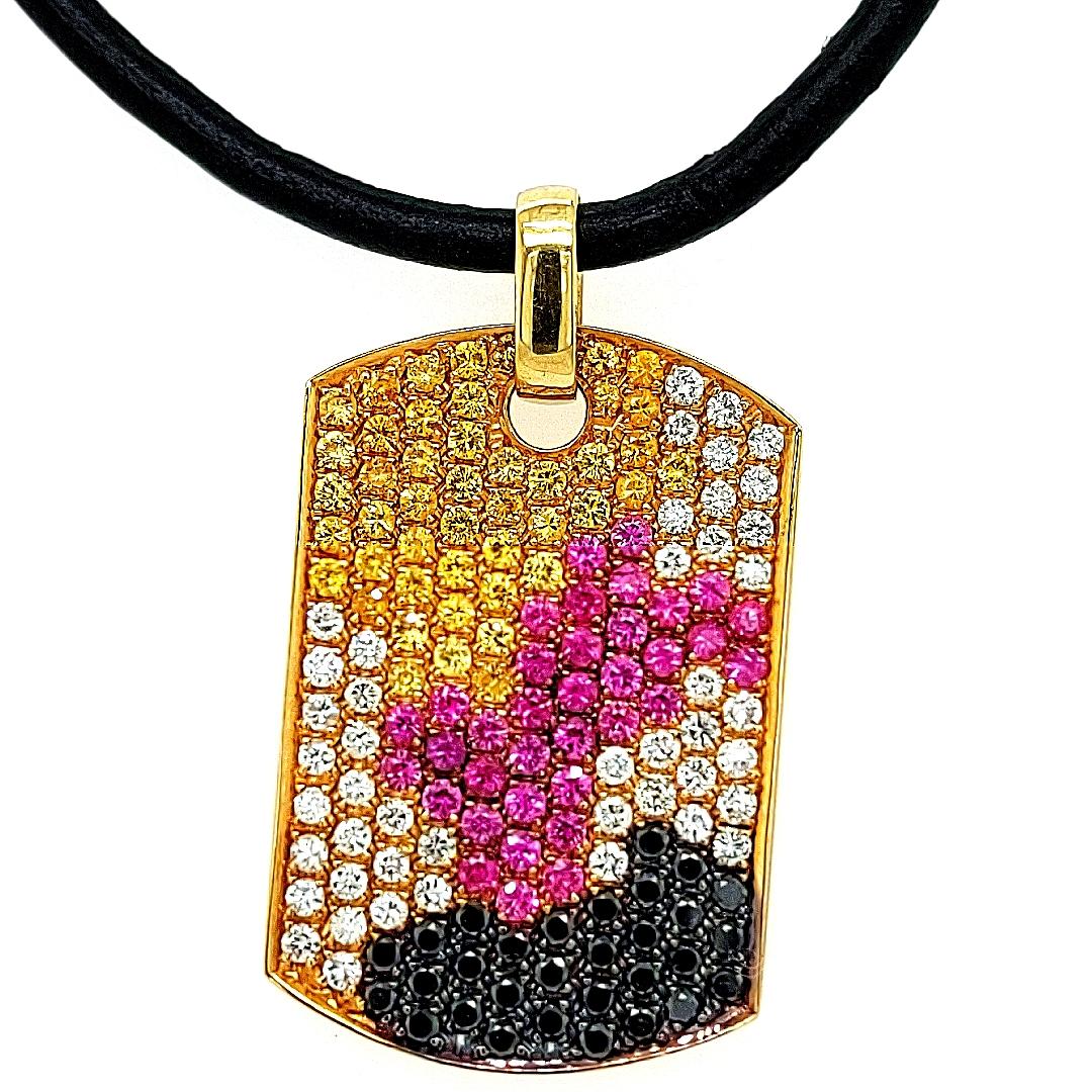 18kt Gold Dog Tag Pendant Necklace Pink & Yellow Sapphires 1.38ct Diamonds For Sale 4