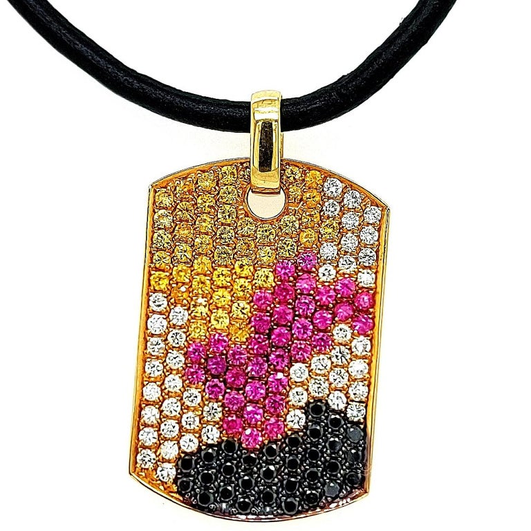 18kt Gold Dog Tag Pendant Necklace Pink and Yellow Sapphires 1.38ct