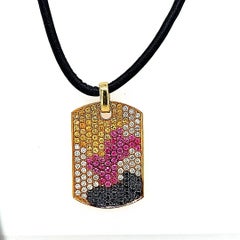 18kt Gold Dog Tag Pendant Necklace Pink & Yellow Sapphires 1.38ct Diamonds