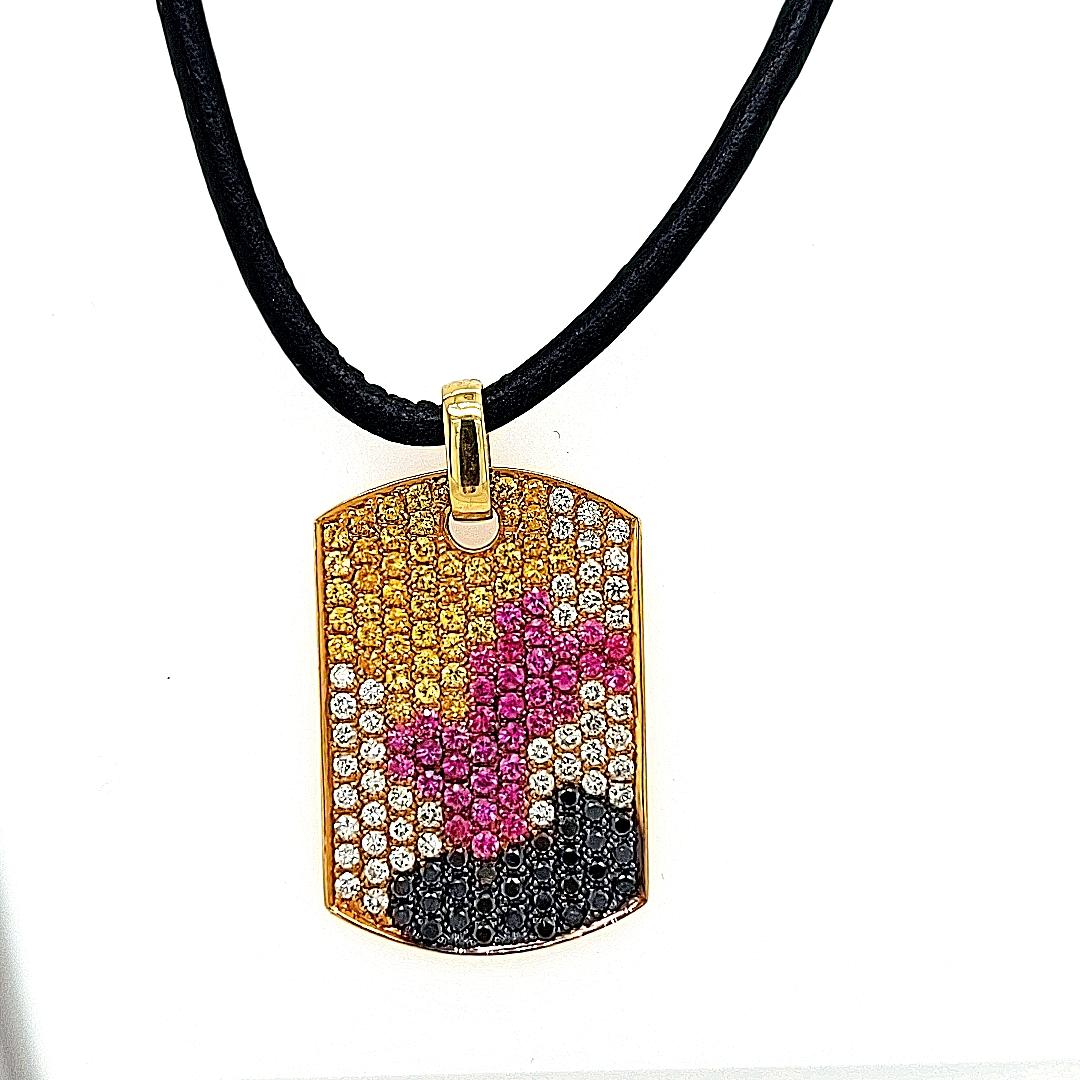 Contemporary 18kt Gold Dog Tag Pendant Necklace Pink & Yellow Sapphires 1.38ct Diamonds For Sale