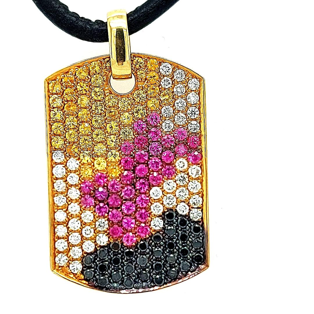 Brilliant Cut 18kt Gold Dog Tag Pendant Necklace Pink & Yellow Sapphires 1.38ct Diamonds For Sale