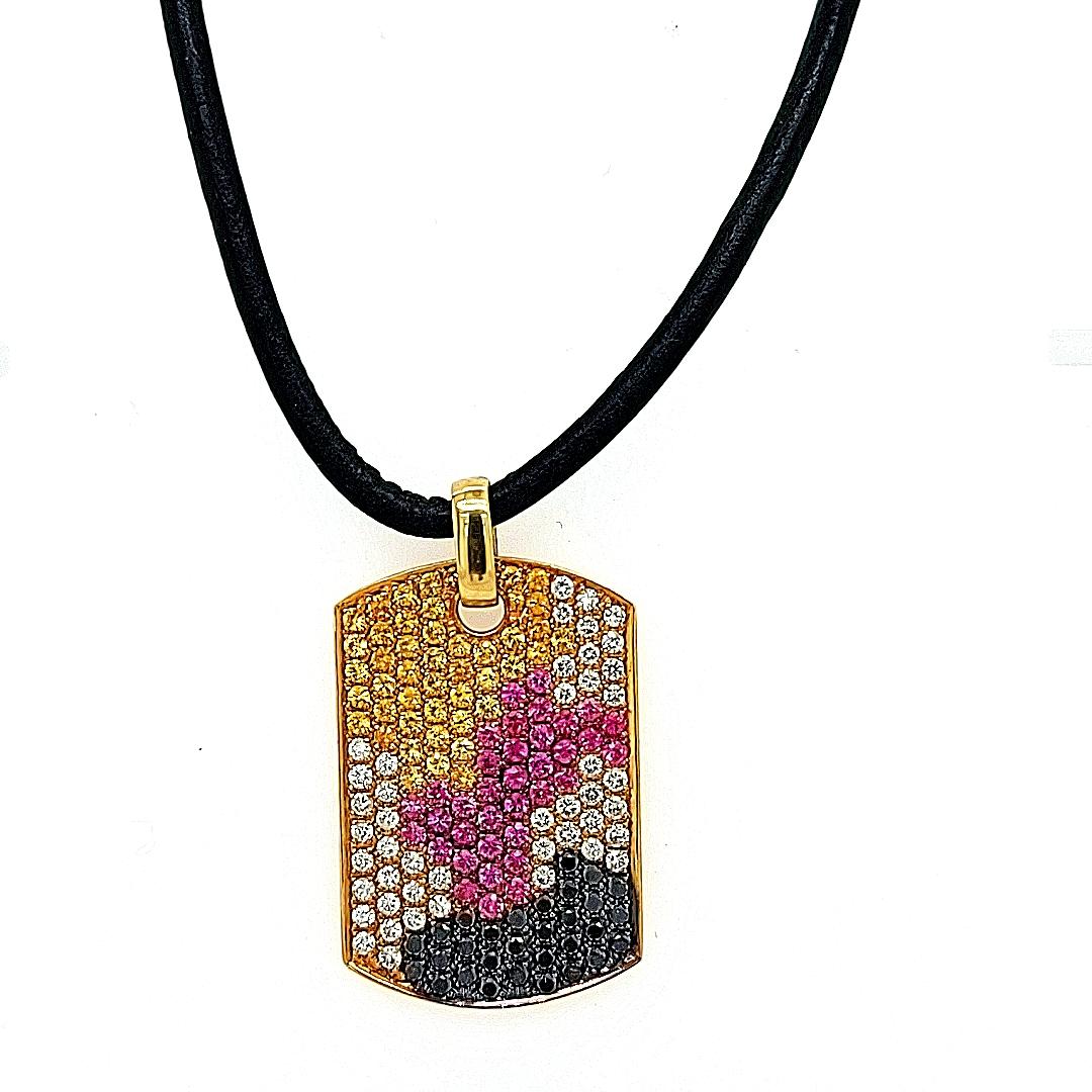 18kt Gold Dog Tag Pendant Necklace Pink & Yellow Sapphires 1.38ct Diamonds In New Condition For Sale In Antwerp, BE