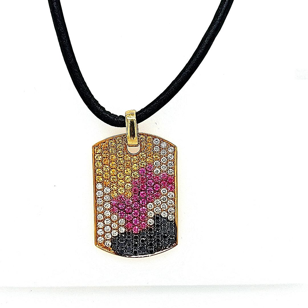 Women's or Men's 18kt Gold Dog Tag Pendant Necklace Pink & Yellow Sapphires 1.38ct Diamonds For Sale