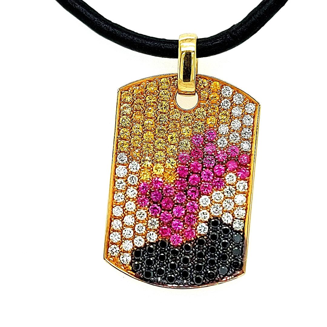 18kt Gold Dog Tag Pendant Necklace Pink & Yellow Sapphires 1.38ct Diamonds For Sale 2