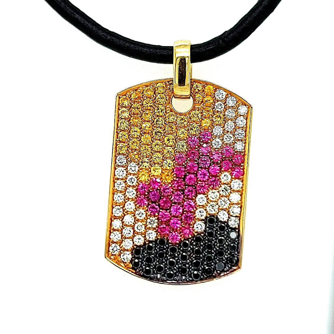 18kt Gold Dog Tag Pendant Necklace Pink & Yellow Sapphires 1.38ct Diamonds For Sale 3