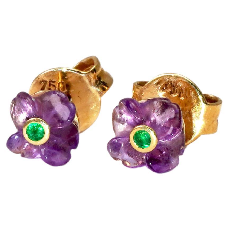 18 Kt Handmade Amethyst and Emerald Earrings For Sale