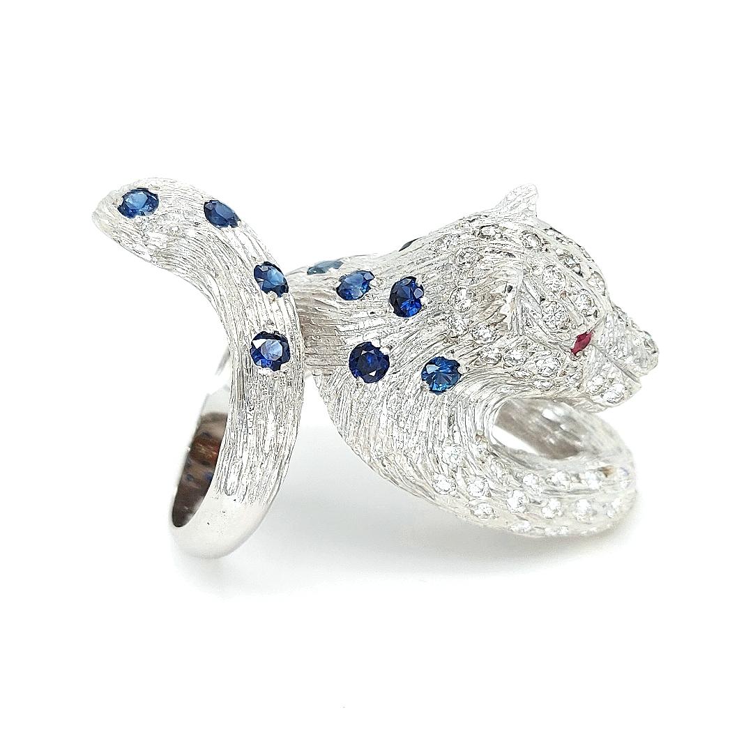 Artisan 18kt Maramenos Pateras Panther or Tiger Ring with Diamonds and Sapphires For Sale