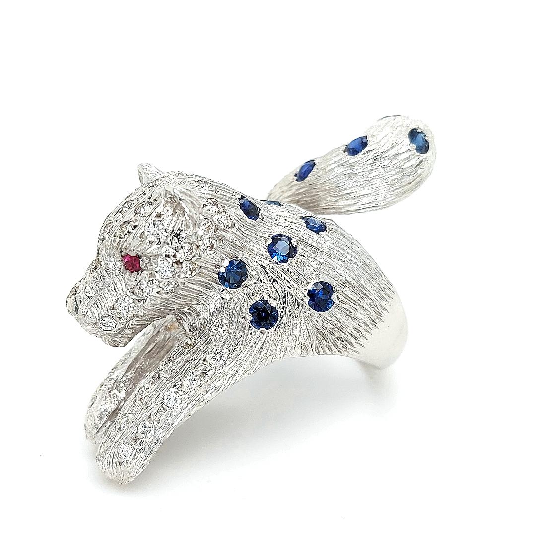 Women's or Men's 18kt Maramenos Pateras Panther or Tiger Ring with Diamonds and Sapphires For Sale