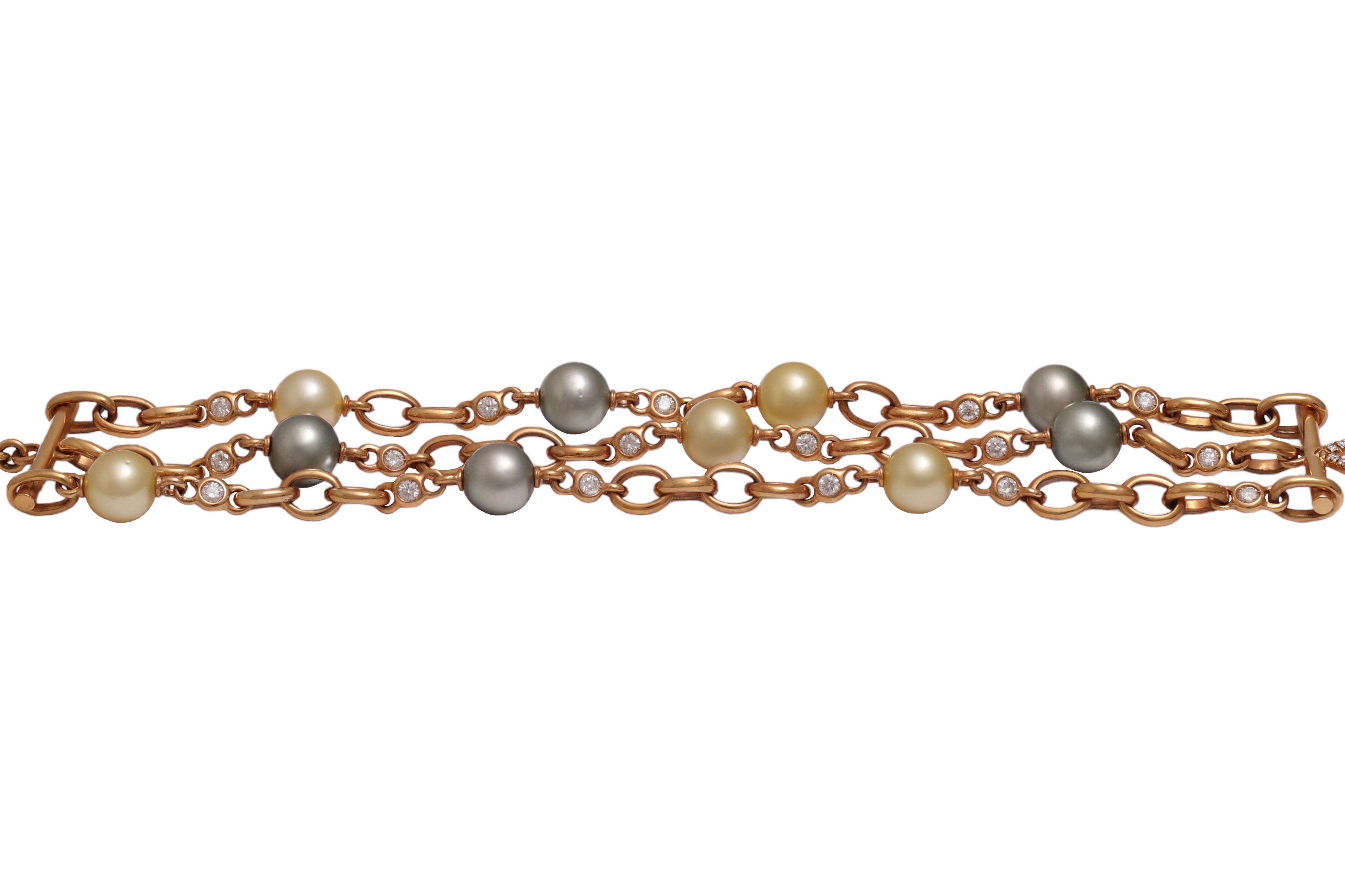 Taglio brillante Bracciale con perle e diamanti multicolore 18 Kt in vendita