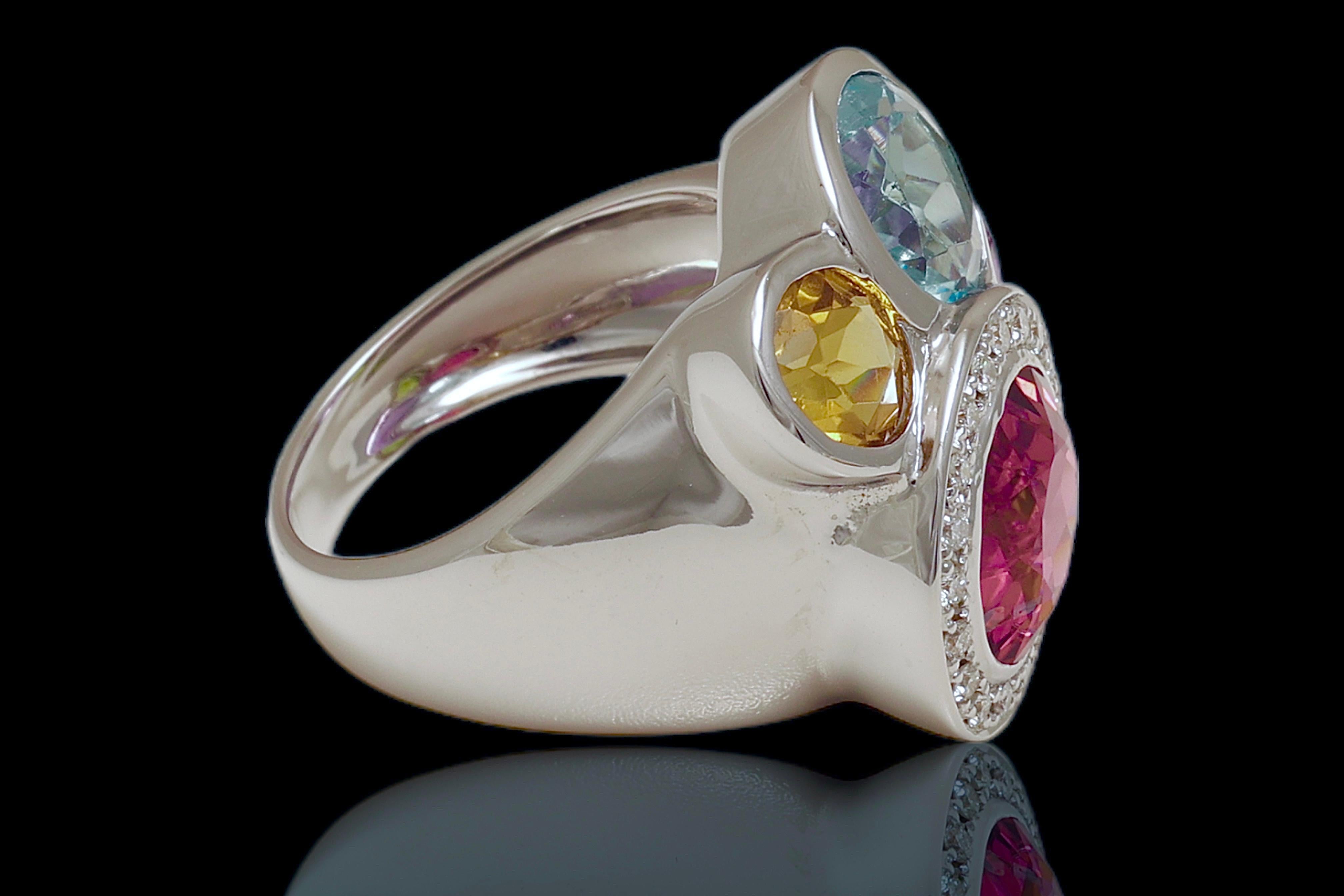 Modern 18 Kt Multi Precious Gem Stone Diamond Ring For Sale