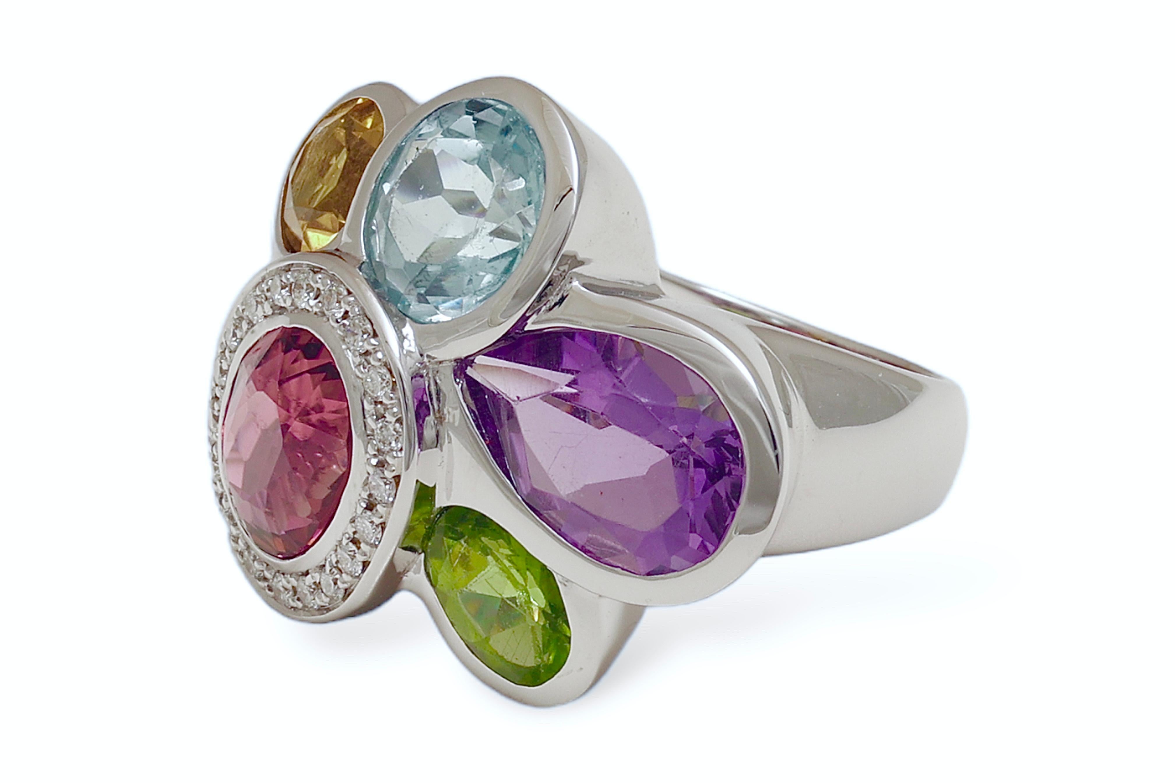 Oval Cut 18 Kt Multi Precious Gem Stone Diamond Ring For Sale
