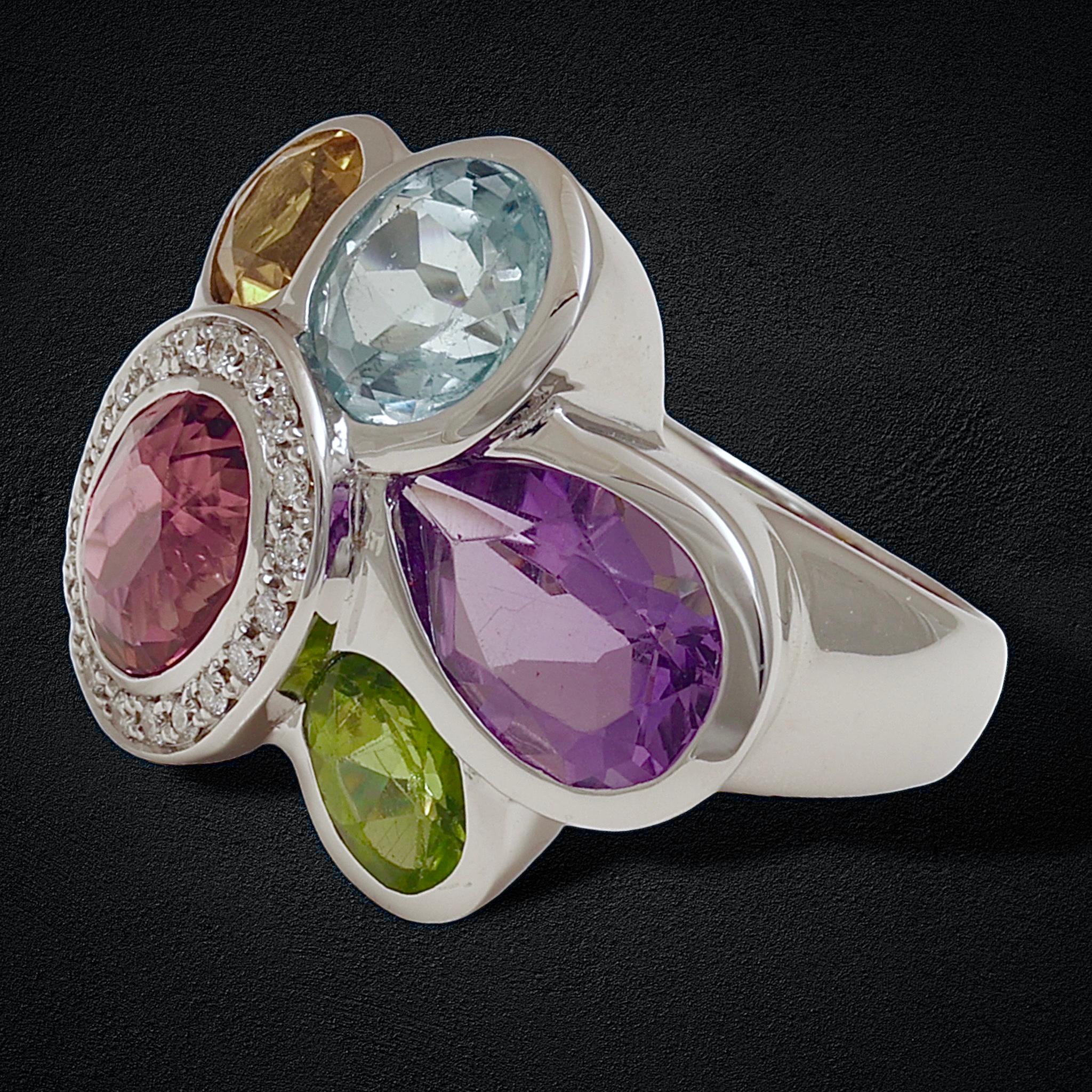 18 Kt Multi Precious Gem Stone Diamond Ring For Sale 1