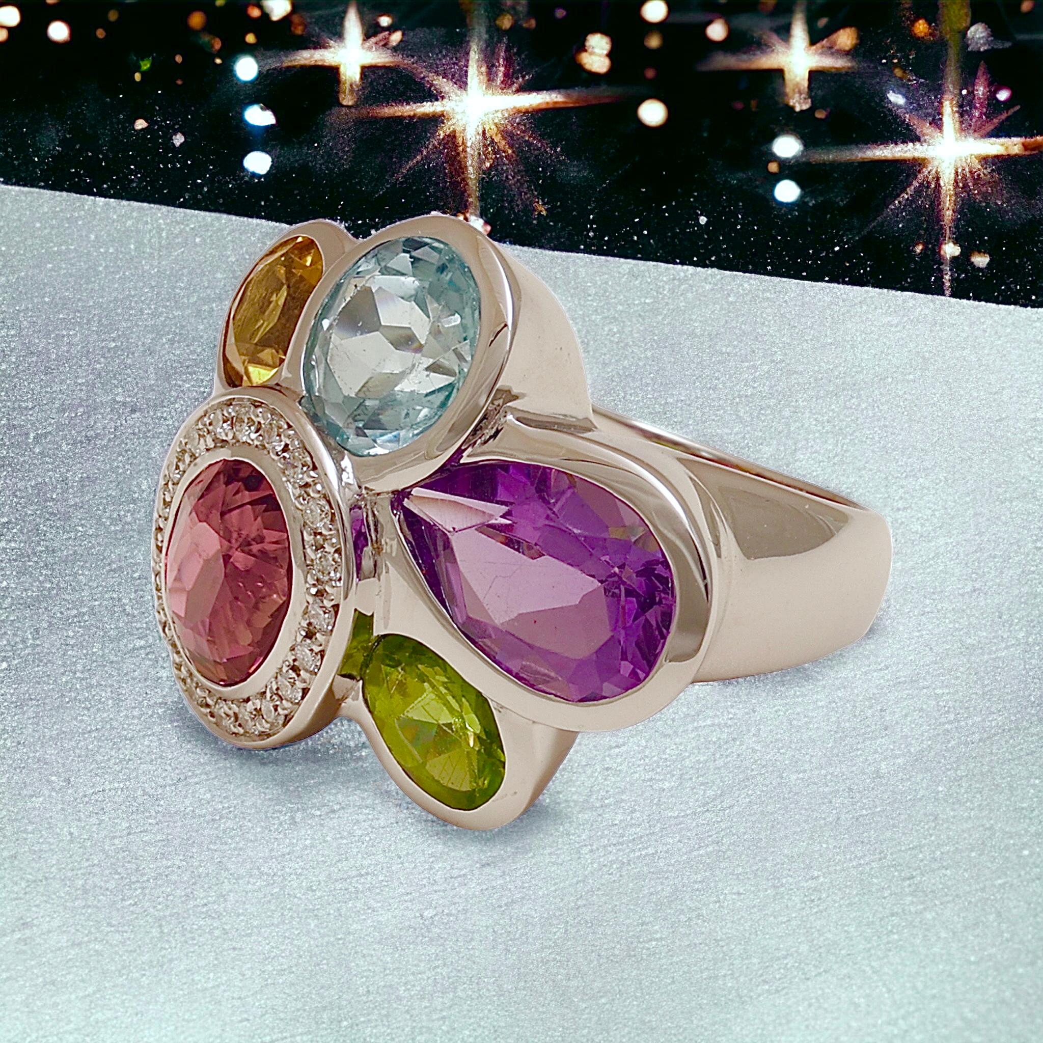 18 Kt Multi Precious Gem Stone Diamond Ring For Sale 2