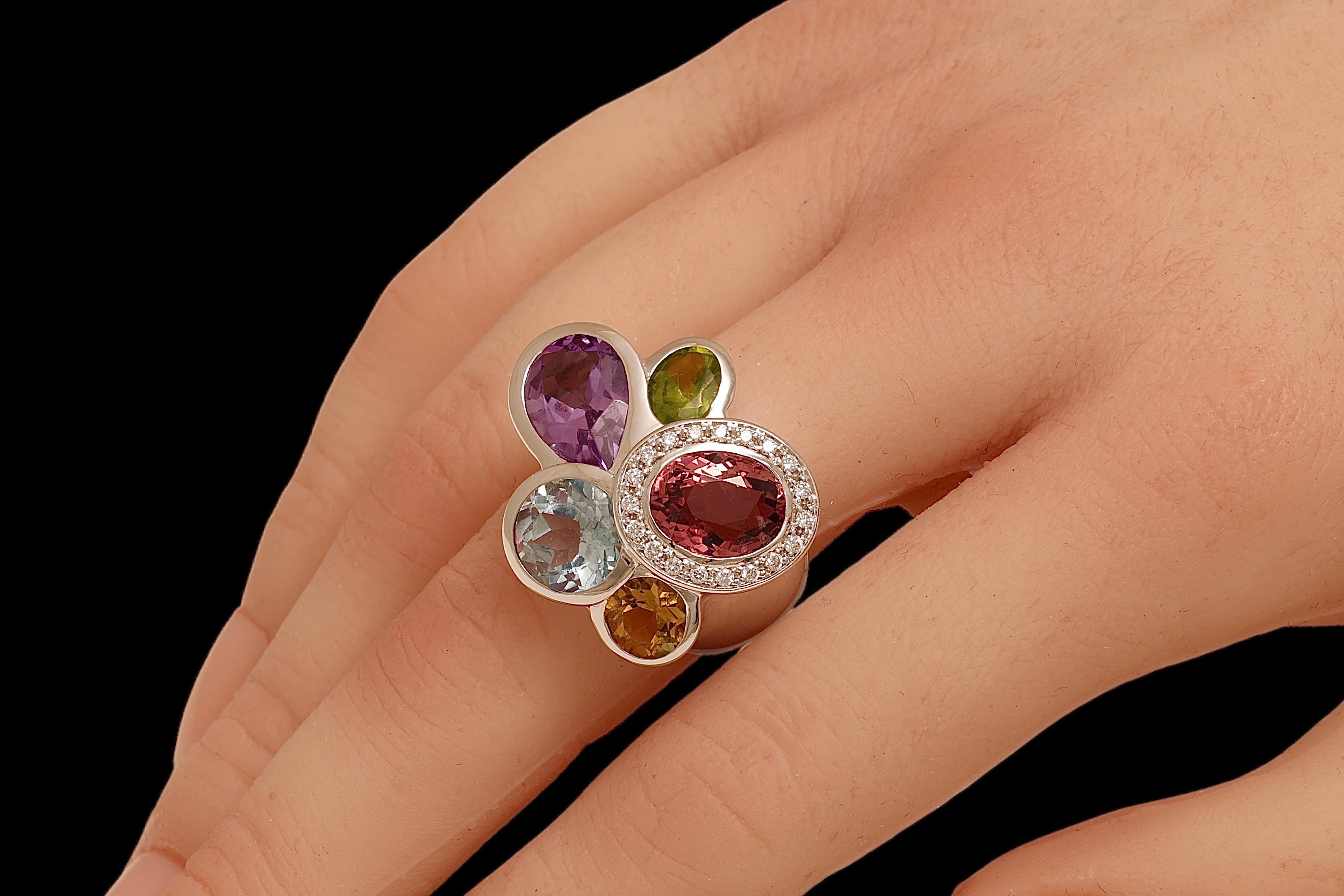 18 Kt Multi Precious Gem Stone Diamond Ring For Sale 3