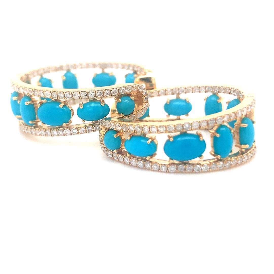 A beautiful pair of natural 3.27 carat turquoise and 0.99 carat diamonds hoop earrings set in 18-kt yellow gold. 