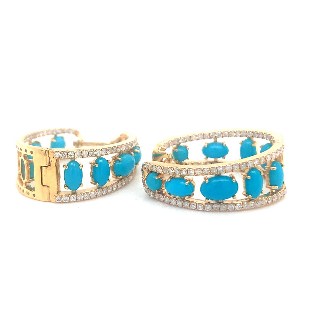 Mixed Cut 18-kt natural diamond and turquoise hoop earrings For Sale