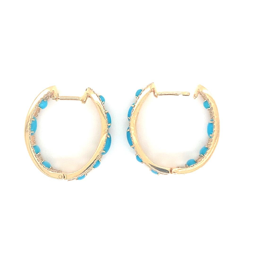 18-kt natural diamond and turquoise hoop earrings In New Condition For Sale In New York, NY