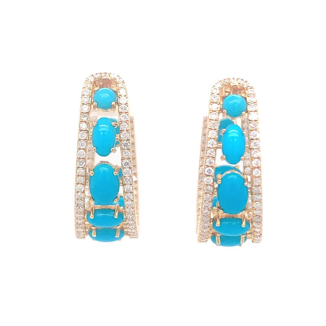 Women's 18-kt natural diamond and turquoise hoop earrings For Sale
