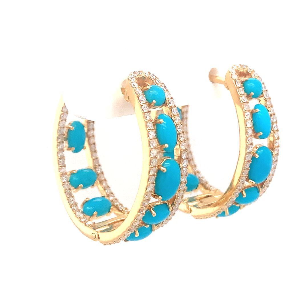 18-kt natural diamond and turquoise hoop earrings For Sale 1