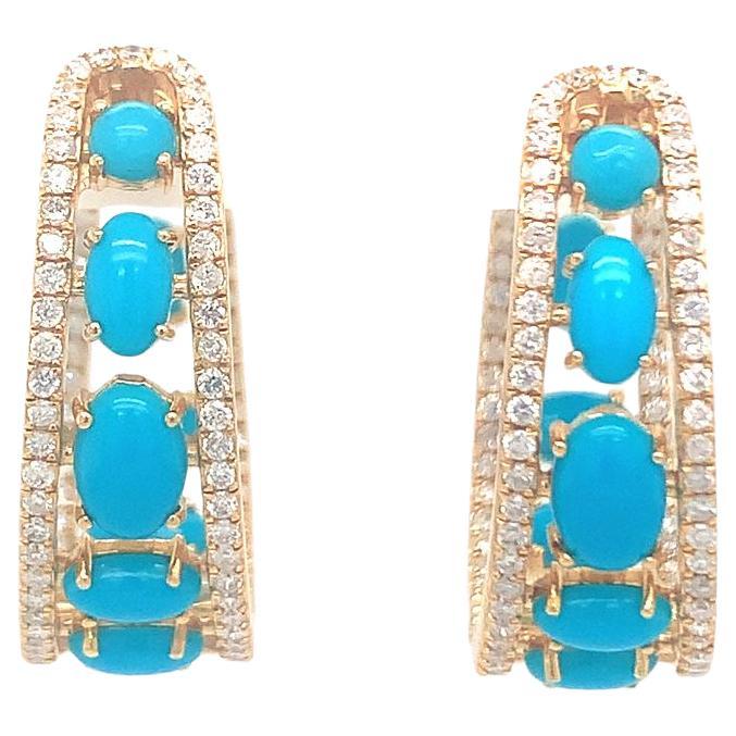 18-kt natural diamond and turquoise hoop earrings For Sale