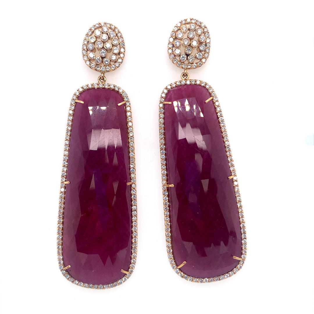 Rough Cut 18 Kt Natural Ruby and Diamond Dangle earrings For Sale