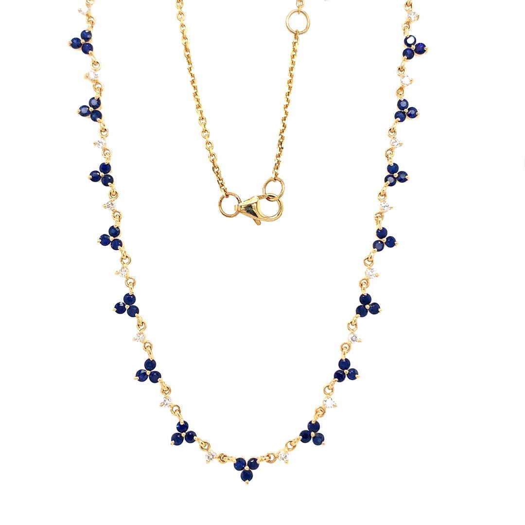 Natural 0.47-carat diamond and 2.14-carat blue sapphire beautiful necklace set in 18-karat yellow gold with an adjustable necklace chain setting. 