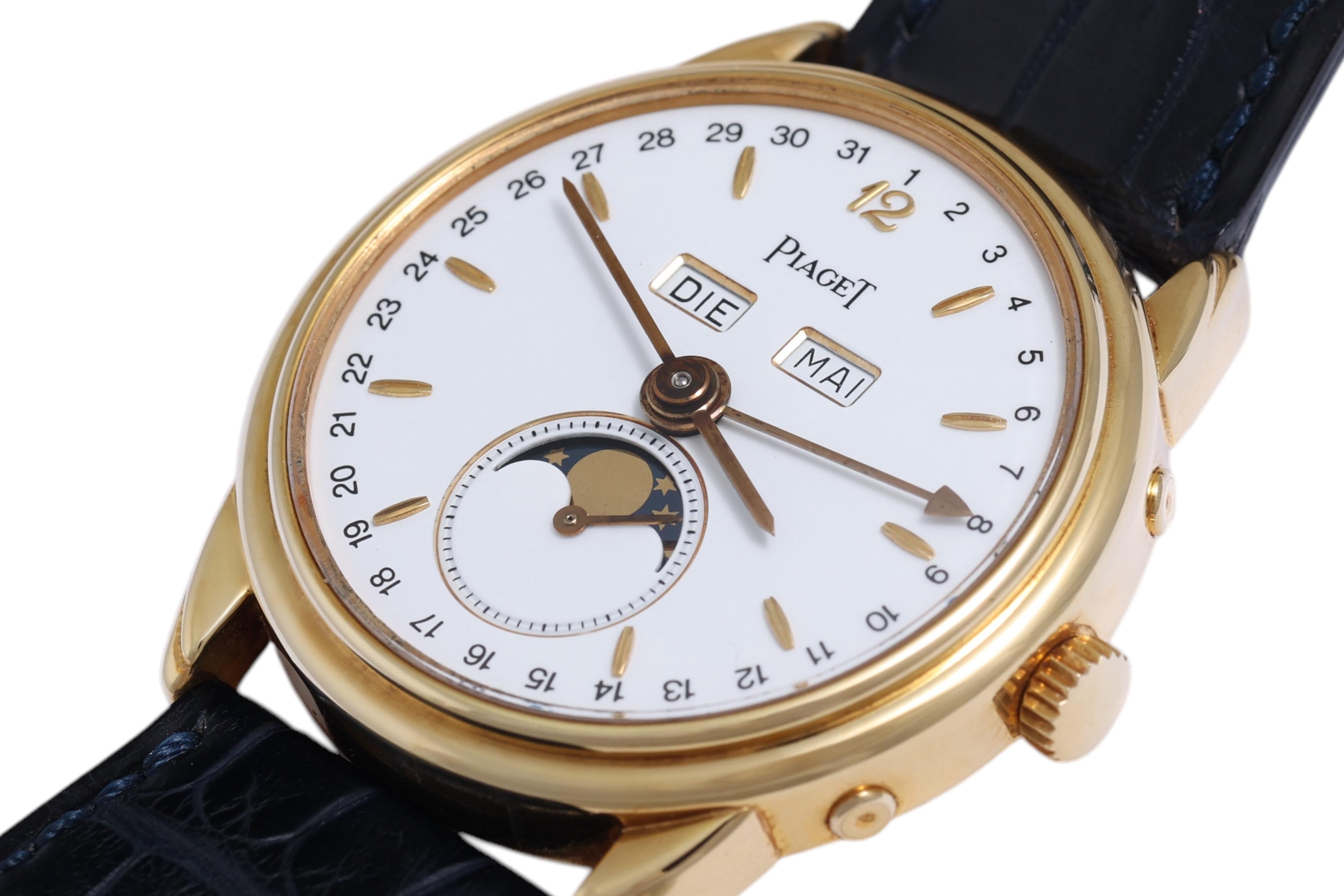 PIAGET LIMITED EDITION TRIPLE DATE MOON PHASE.

MOVEMENT: Hand winding.

FUNCTIONS: Hours , minutes , seconds , moonphases , date & month in German .

CASE: 18 K  yellow gold , diameter circa.33mm , thickness circa 9.7 mm, sapphire glass
