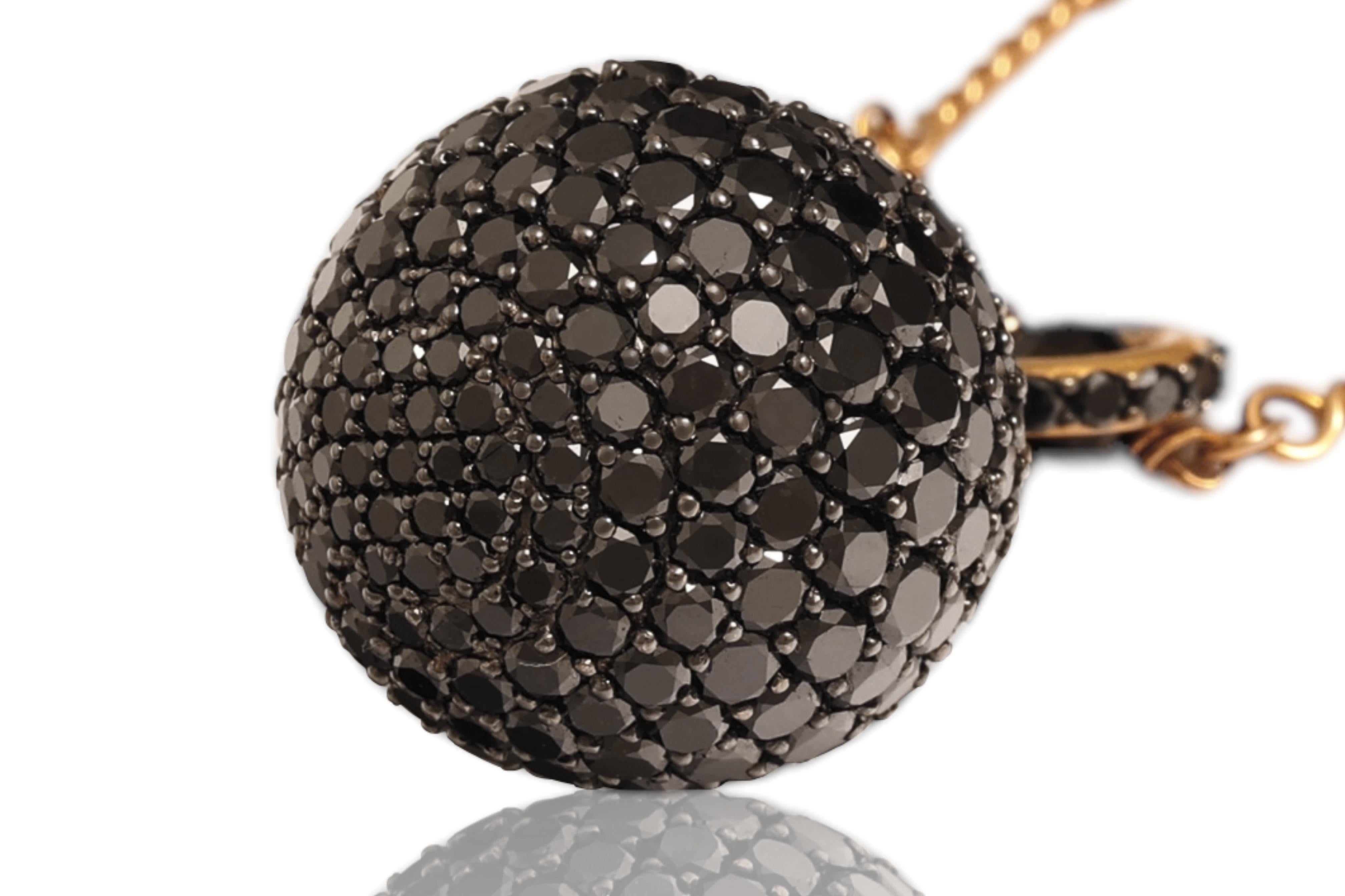 18 kt Pink Gold Black & White Diamond Beaded Ball Necklace & Onyx For Sale 4