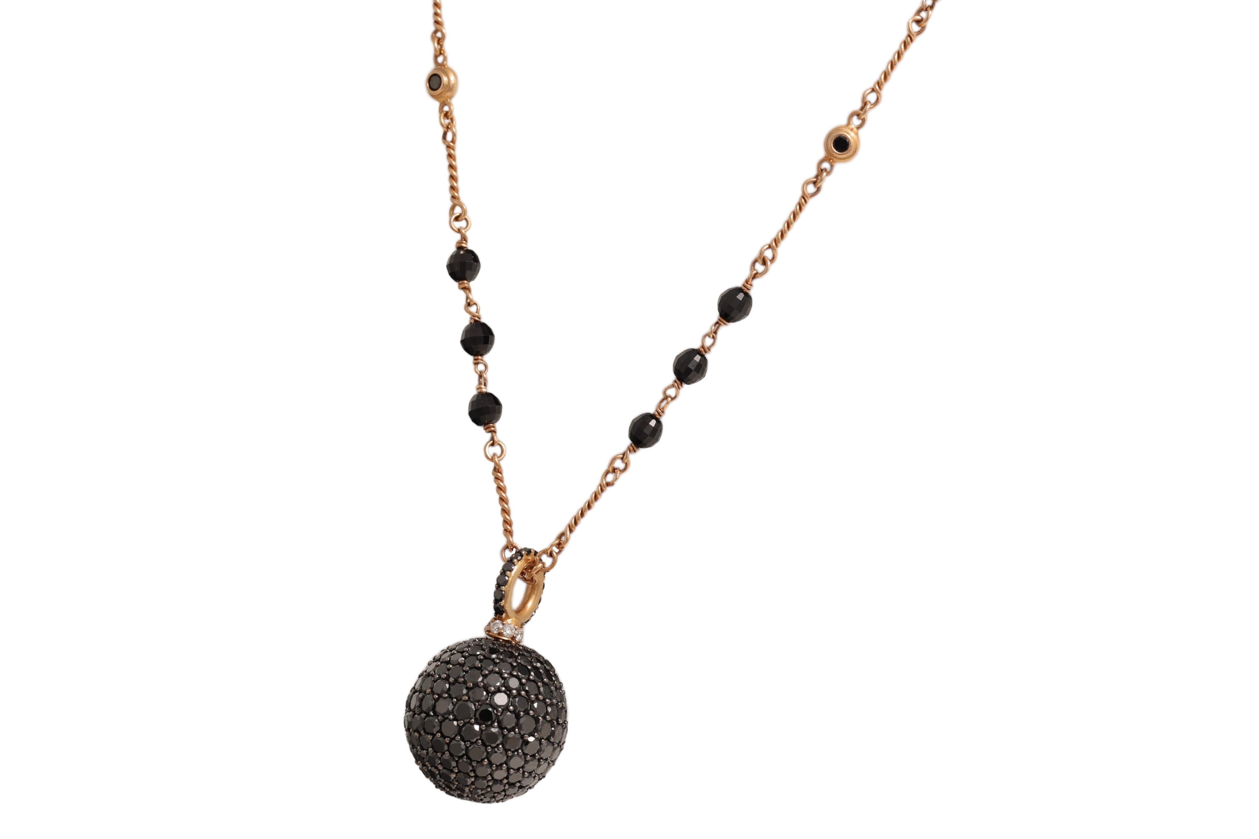 Modern 18 kt Pink Gold Black & White Diamond Beaded Ball Necklace & Onyx For Sale