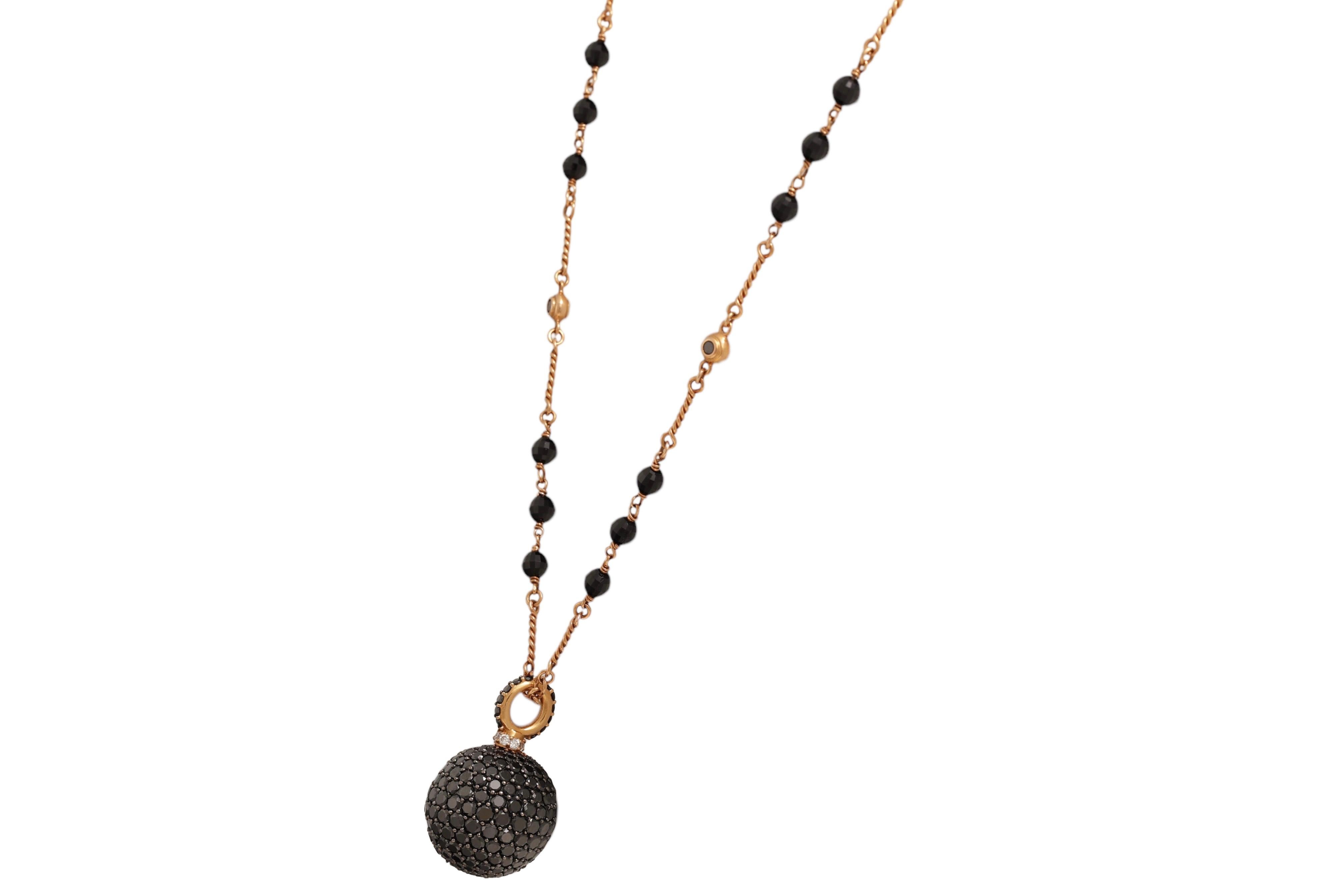 Brilliant Cut 18 kt Pink Gold Black & White Diamond Beaded Ball Necklace & Onyx For Sale