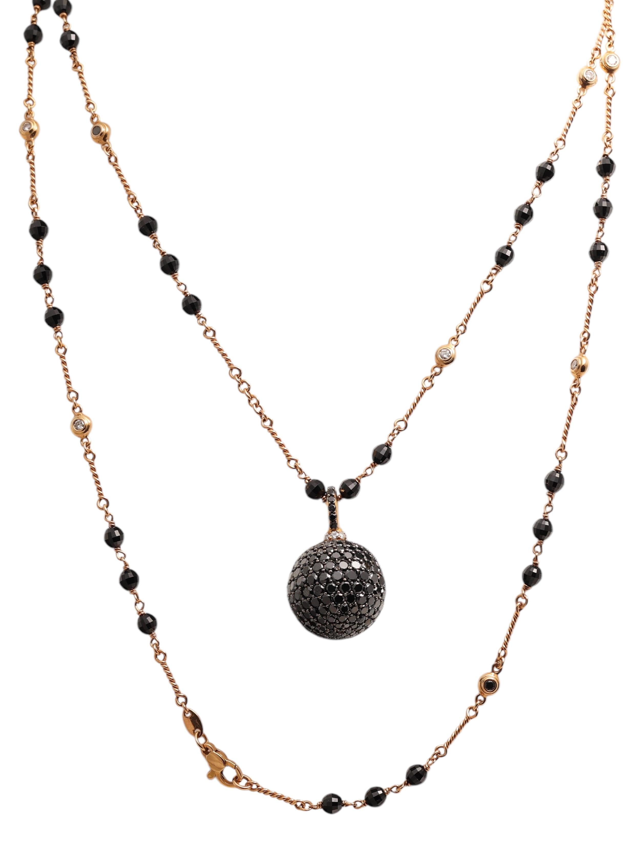 18 kt Pink Gold Black & White Diamond Beaded Ball Necklace & Onyx In New Condition For Sale In Antwerp, BE