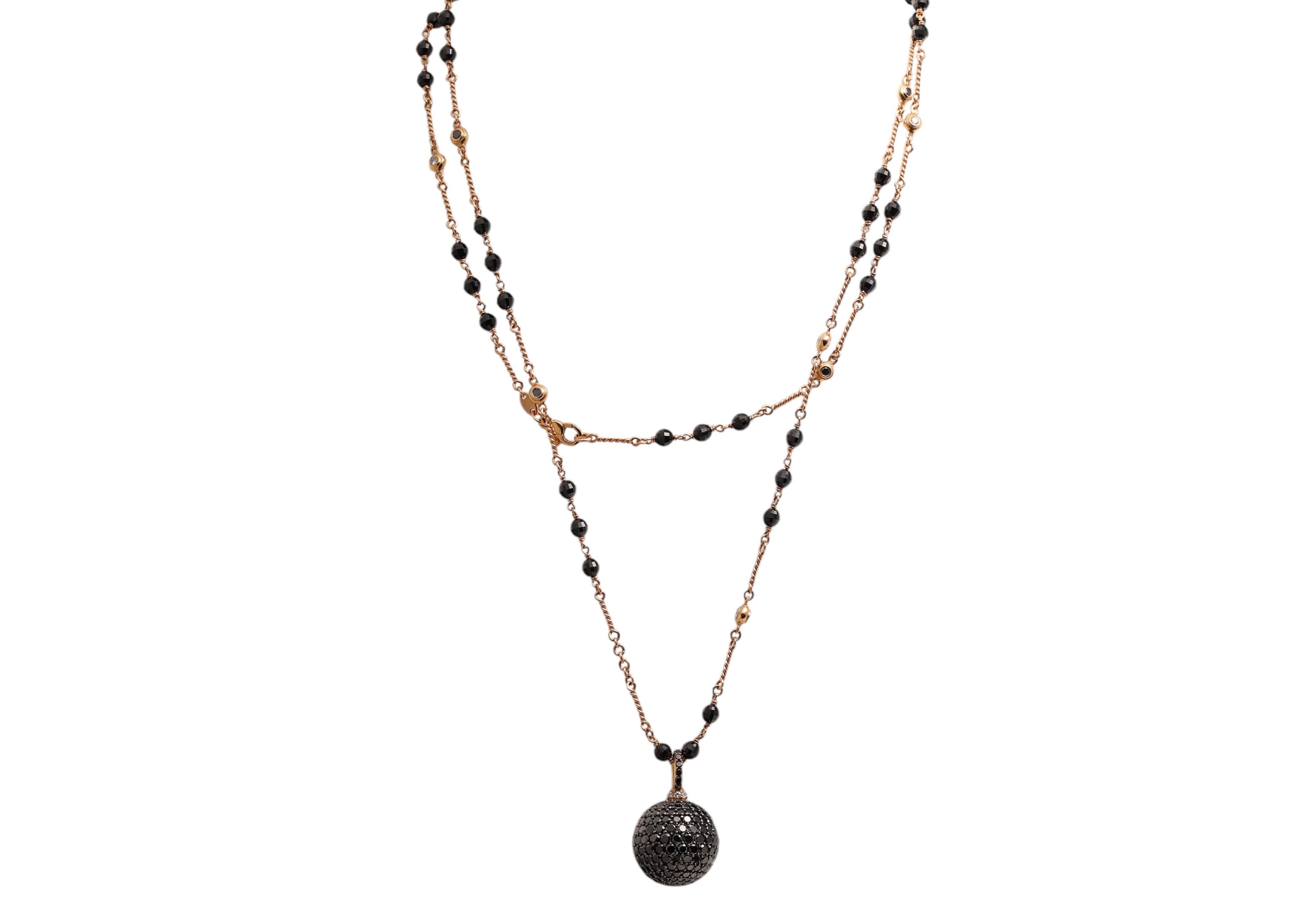Women's or Men's 18 kt Pink Gold Black & White Diamond Beaded Ball Necklace & Onyx For Sale