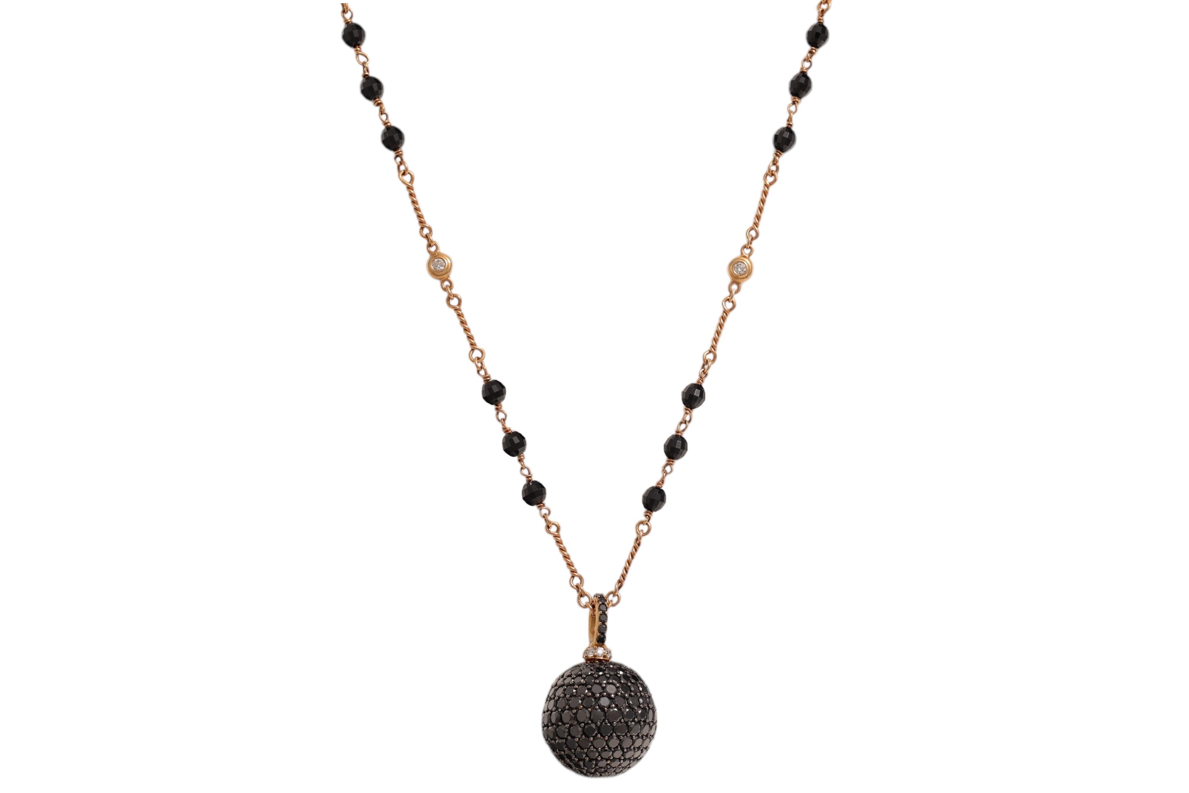 18 kt Pink Gold Black & White Diamond Beaded Ball Necklace & Onyx For Sale 1