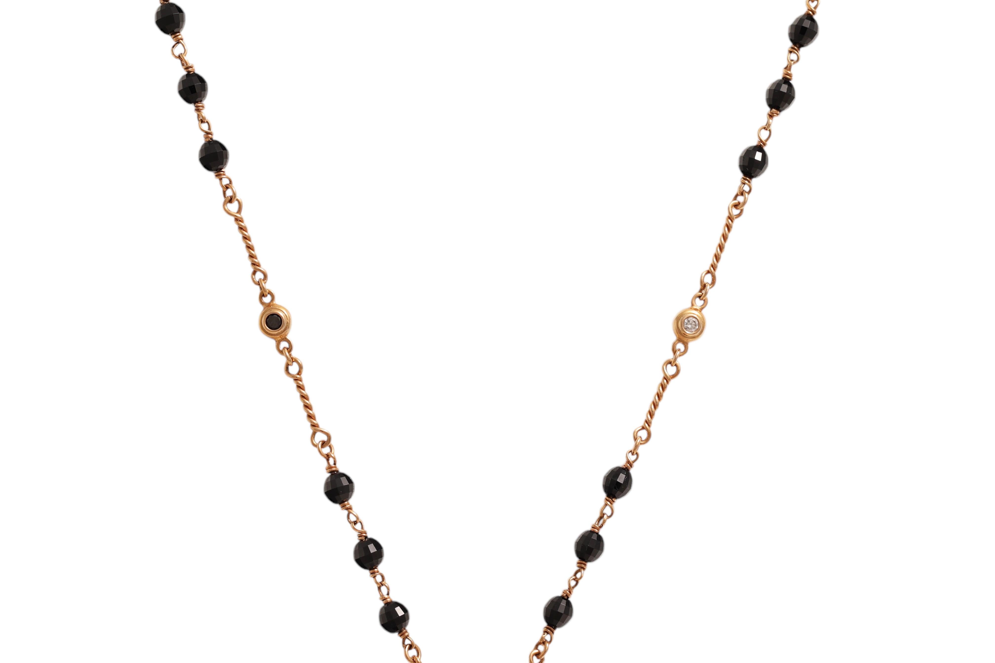 18 kt Pink Gold Black & White Diamond Beaded Ball Necklace & Onyx For Sale 2