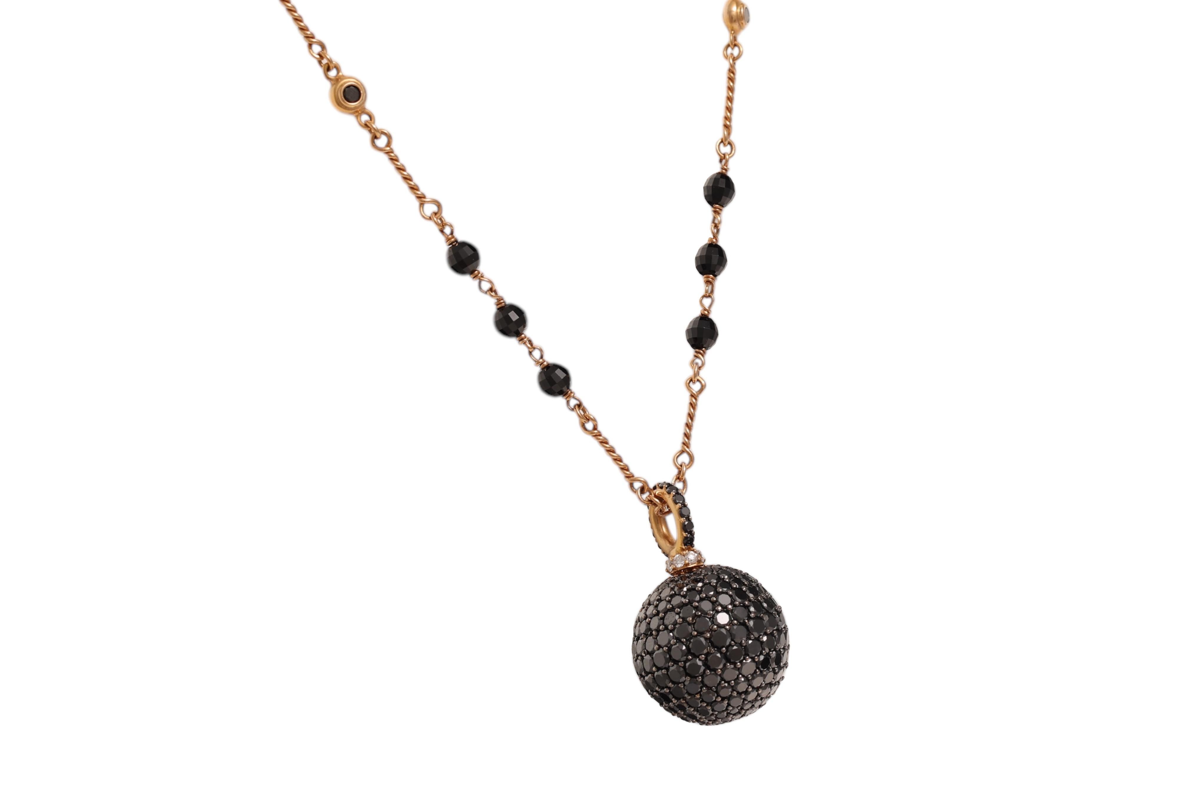 18 kt Pink Gold Black & White Diamond Beaded Ball Necklace & Onyx For Sale 3