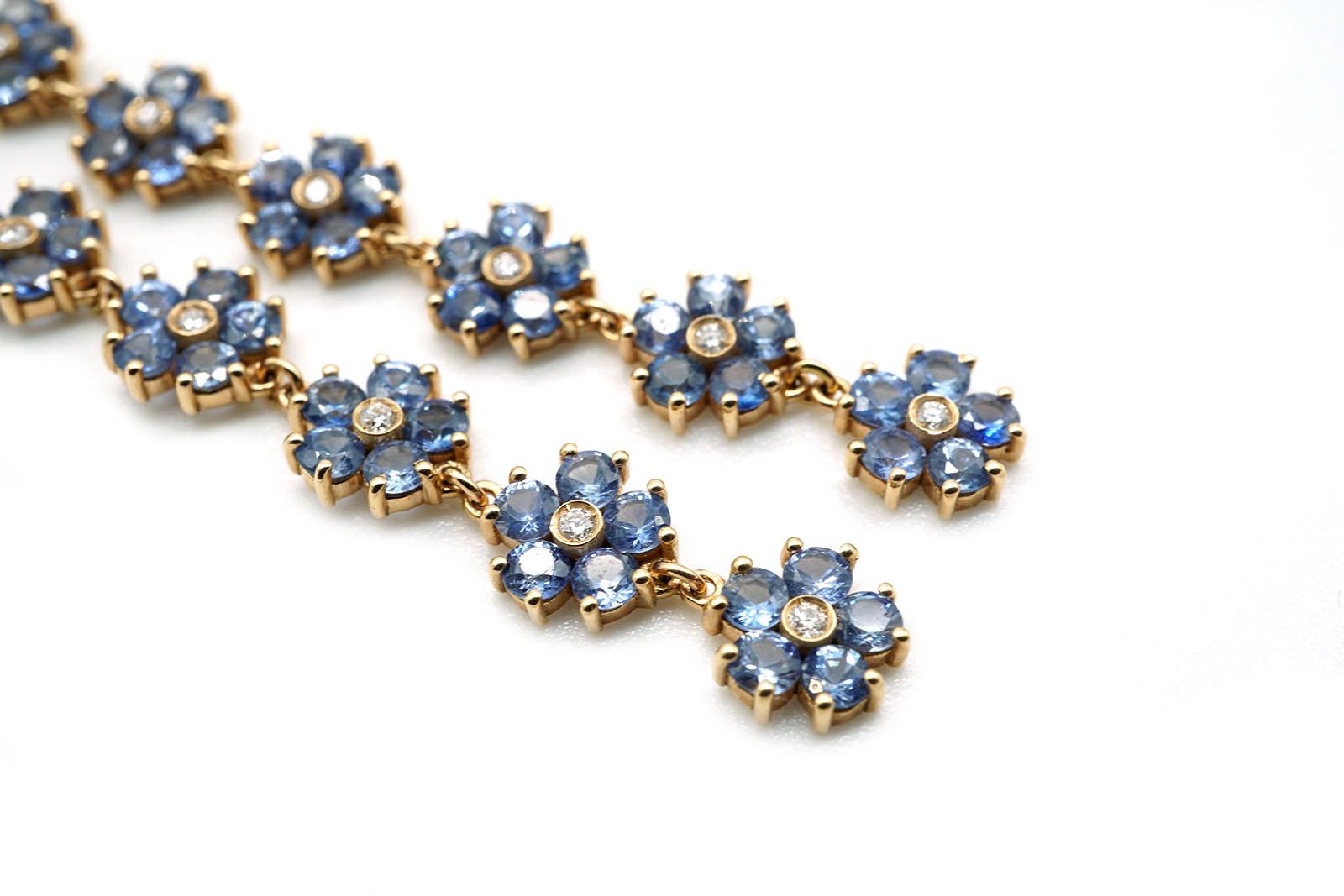 18 Kt Pink Gold, Blue Sapphires and Diamonds Daisy Chandelier Earrings For Sale 1
