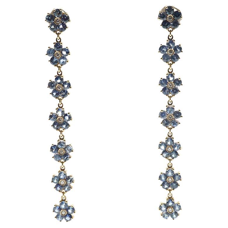 18 Kt Pink Gold, Blue Sapphires and Diamonds Daisy Chandelier Earrings