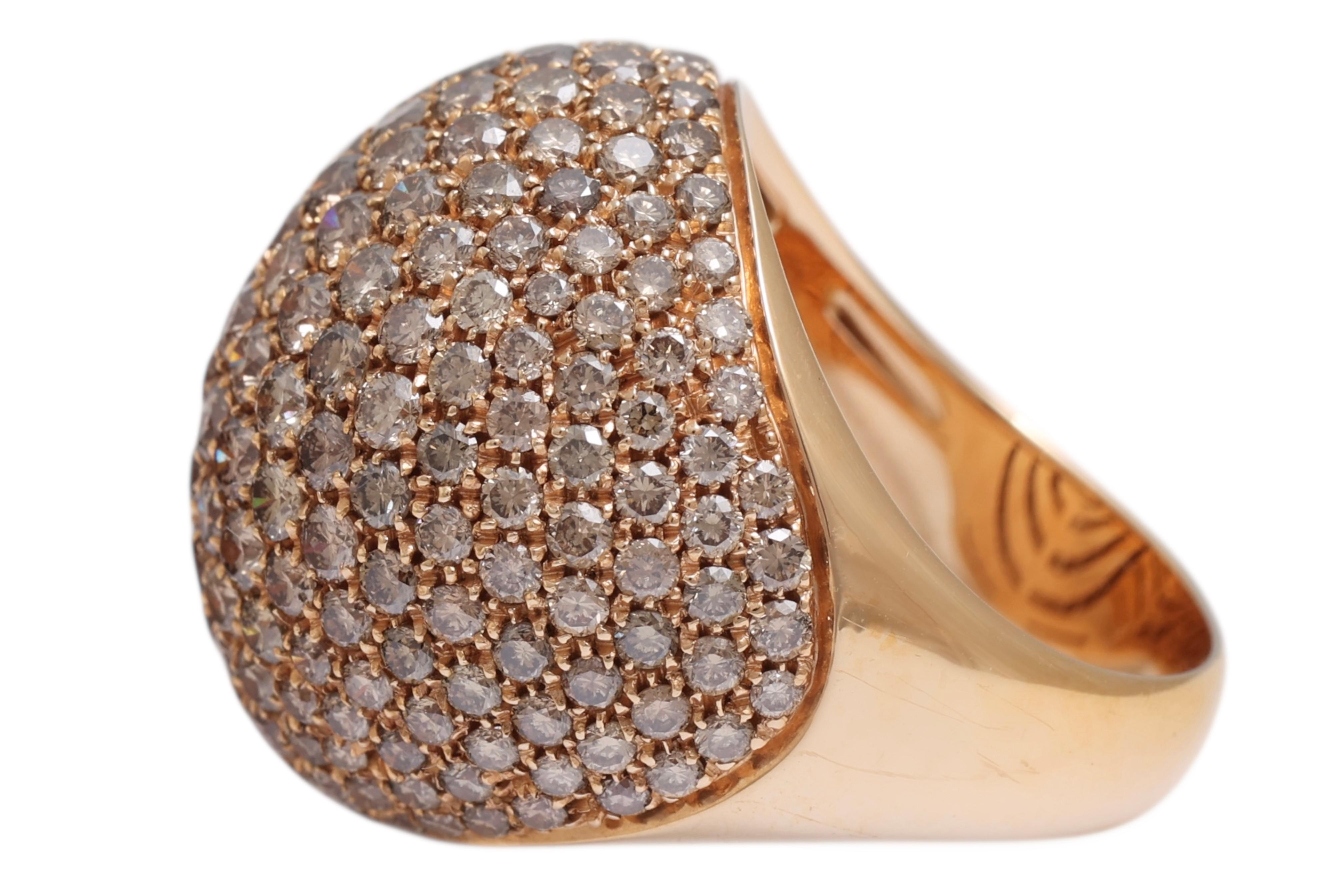 Brilliant Cut 18 Kt Pink Gold Cognac Color Diamonds Pavé Set Ring For Sale