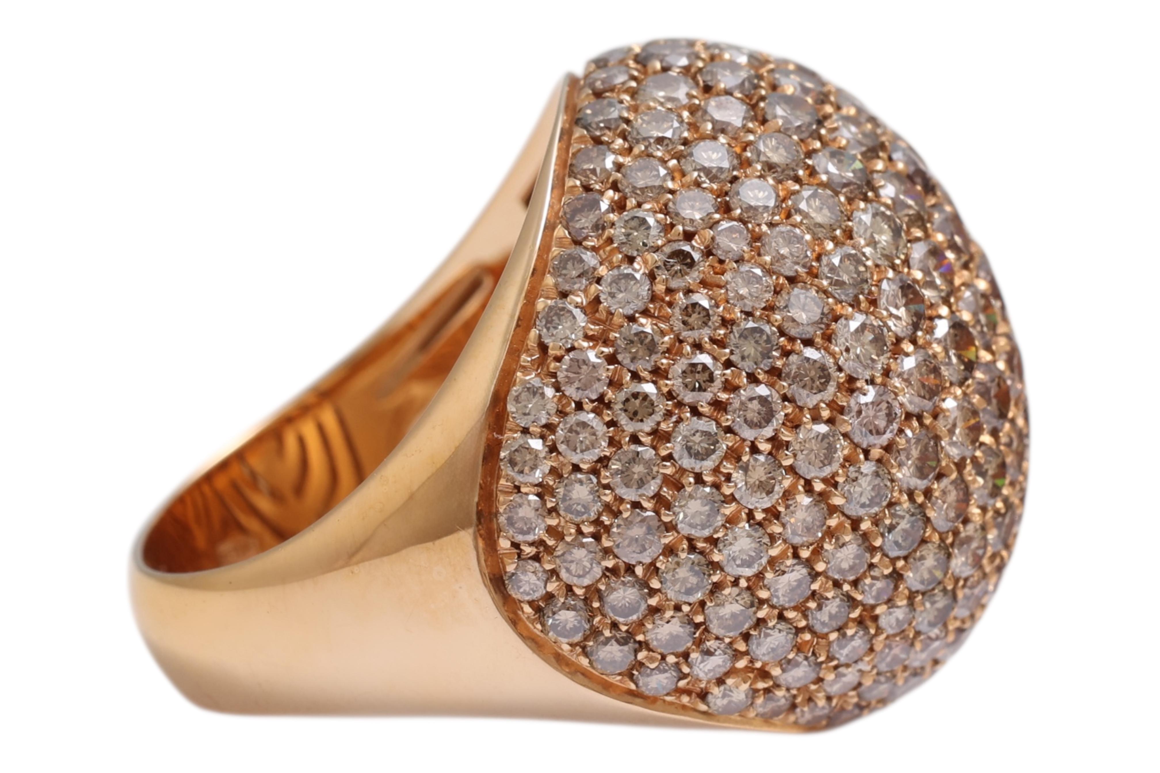 Women's or Men's 18 Kt Pink Gold Cognac Color Diamonds Pavé Set Ring For Sale