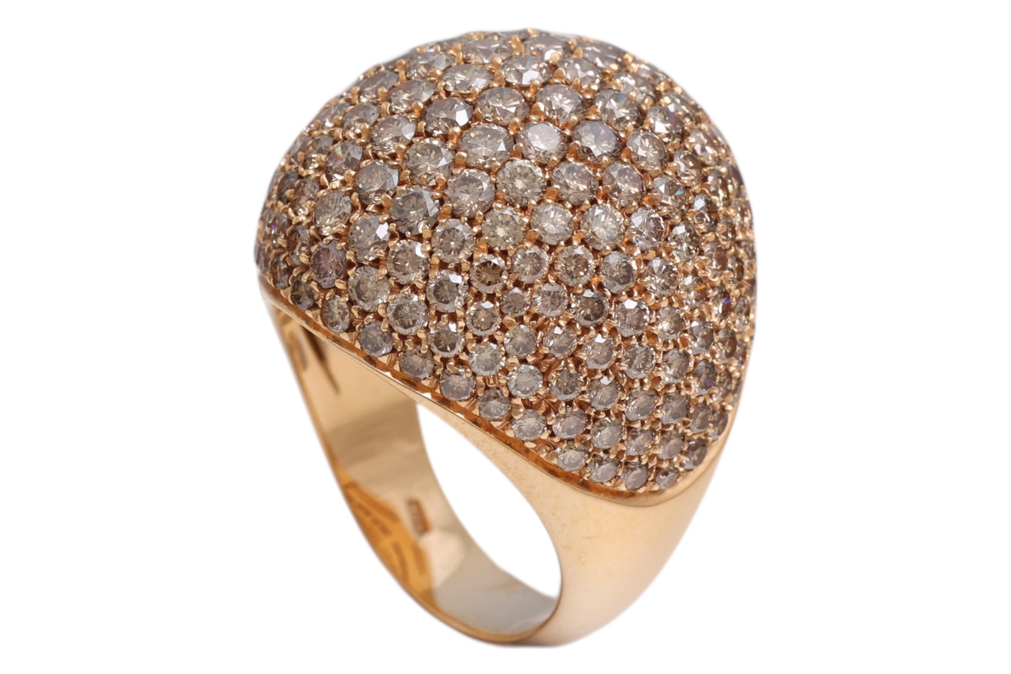 18 Kt Pink Gold Cognac Color Diamonds Pavé Set Ring For Sale 1