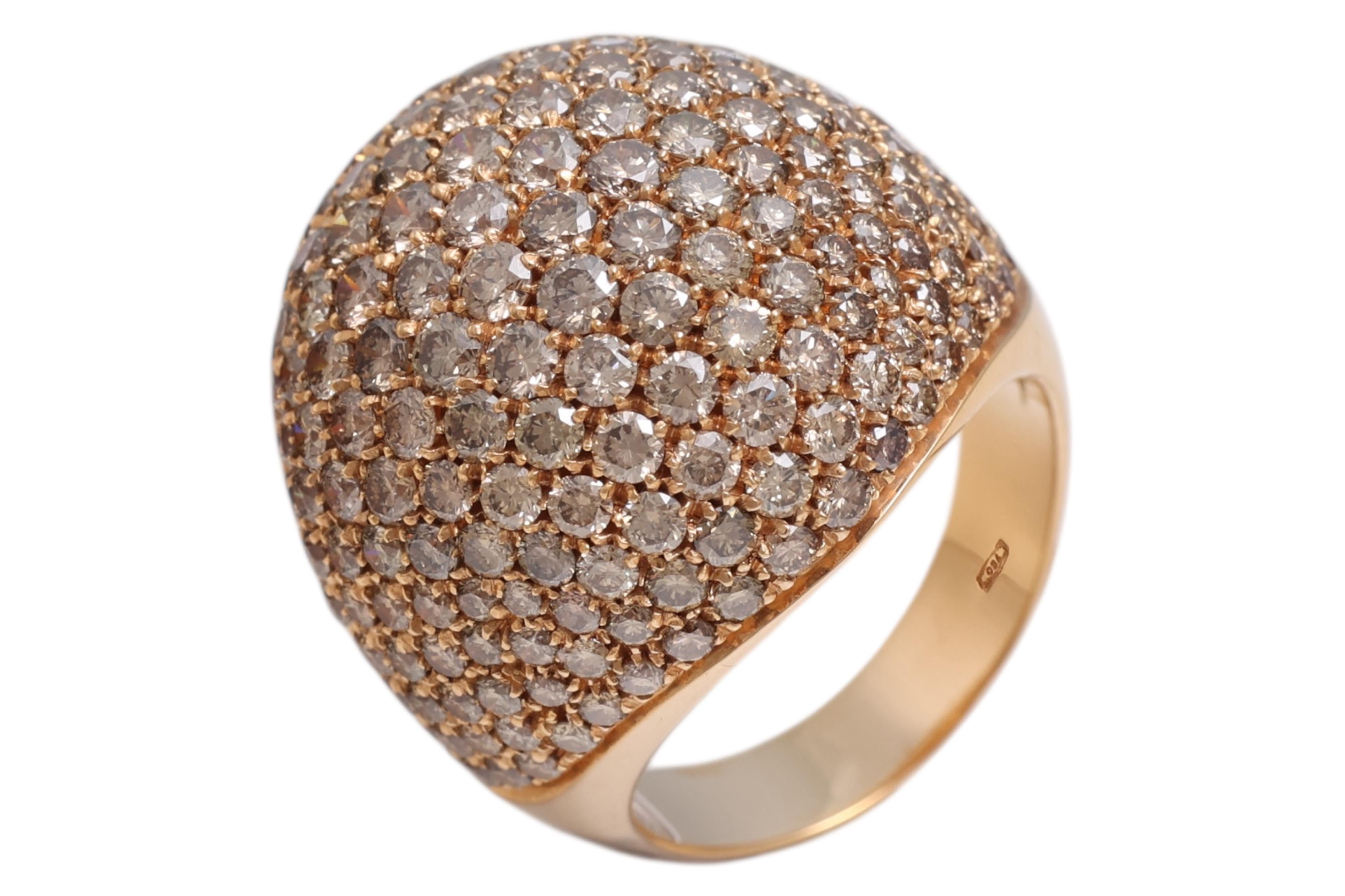 18 Kt Pink Gold Cognac Color Diamonds Pavé Set Ring