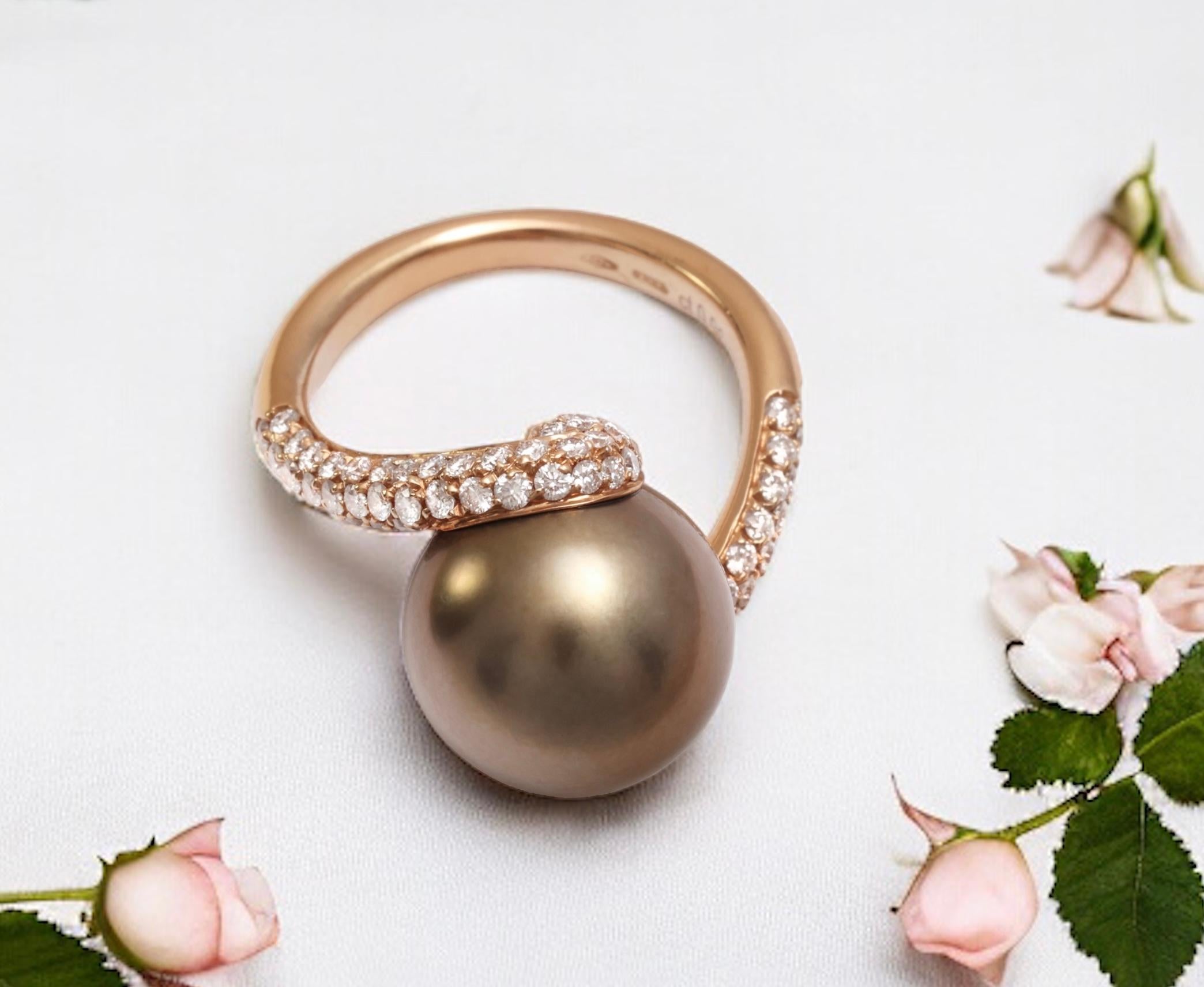18 kt. Anillo de Oro Rosa y Preciosa Perla de Tahití y 0,96 ct. Diamantes en venta 6