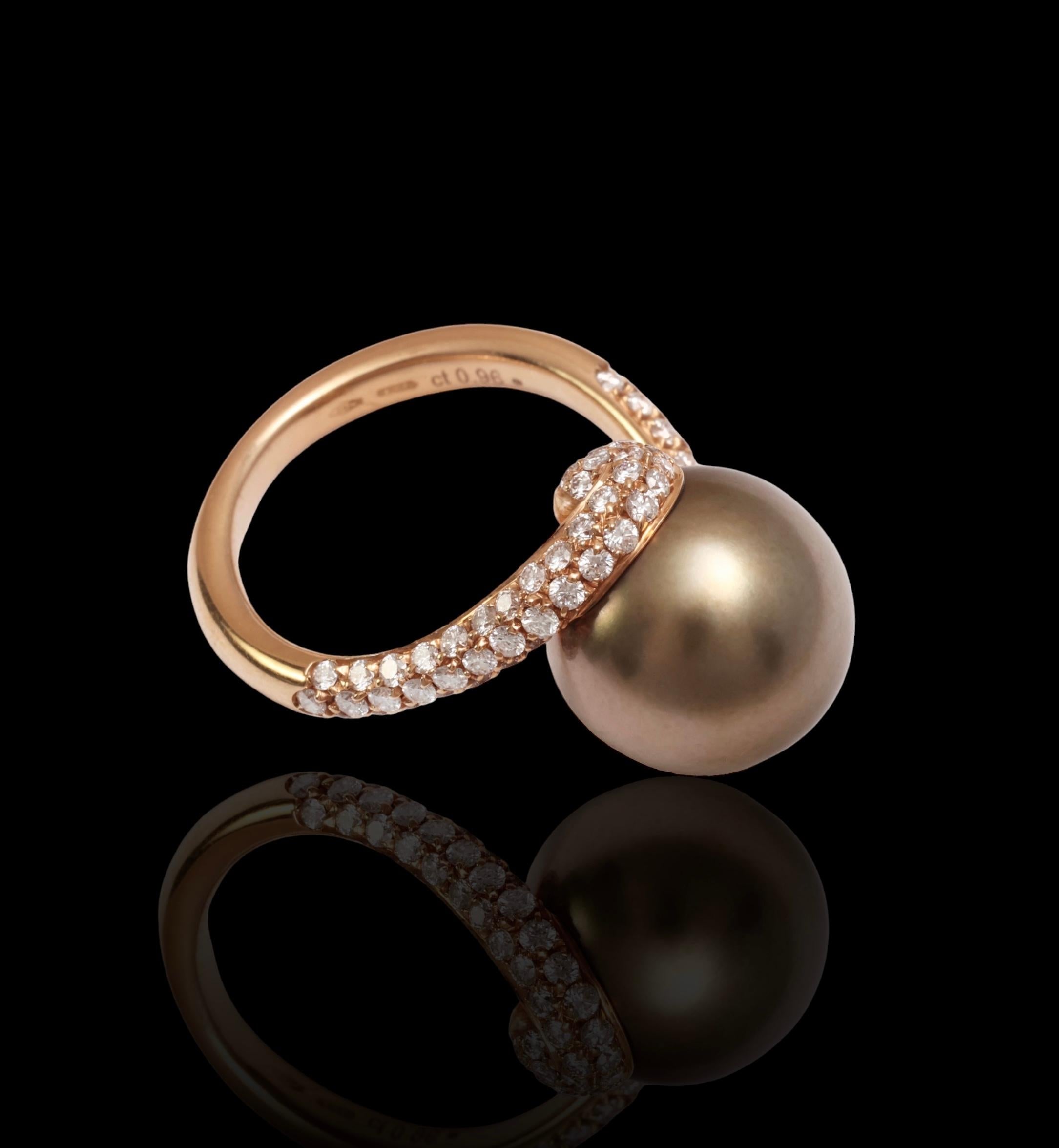 18 kt. Anillo de Oro Rosa y Preciosa Perla de Tahití y 0,96 ct. Diamantes en venta 7