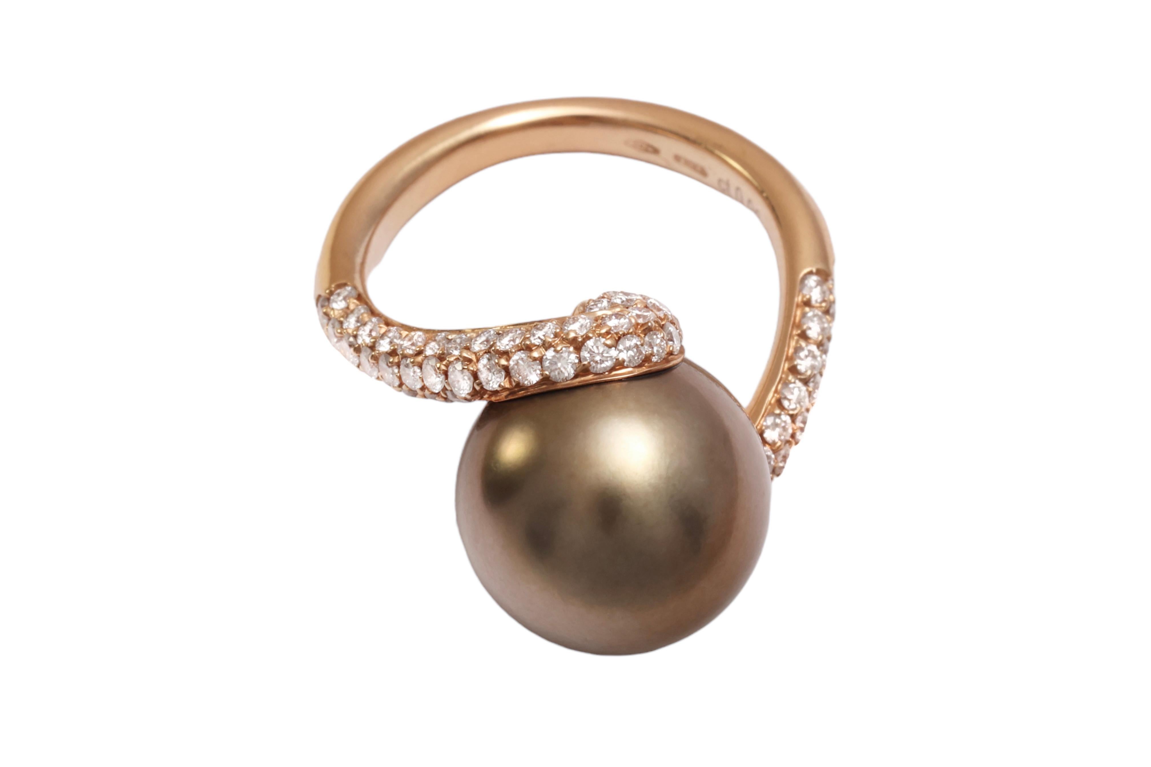 18 kt. Anillo de Oro Rosa y Preciosa Perla de Tahití y 0,96 ct. Diamantes Moderno en venta