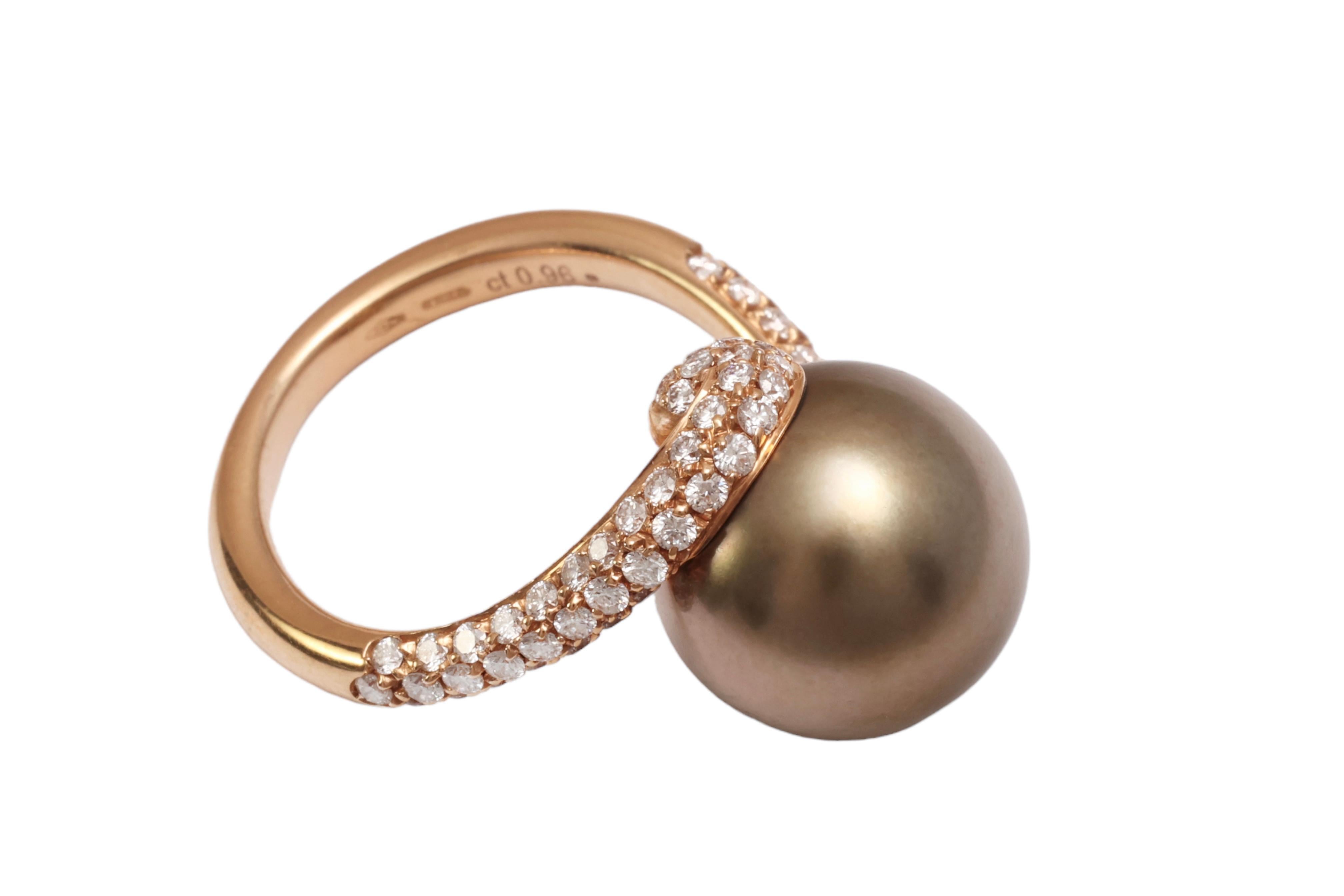 18 kt. Anillo de Oro Rosa y Preciosa Perla de Tahití y 0,96 ct. Diamantes Corte brillante en venta