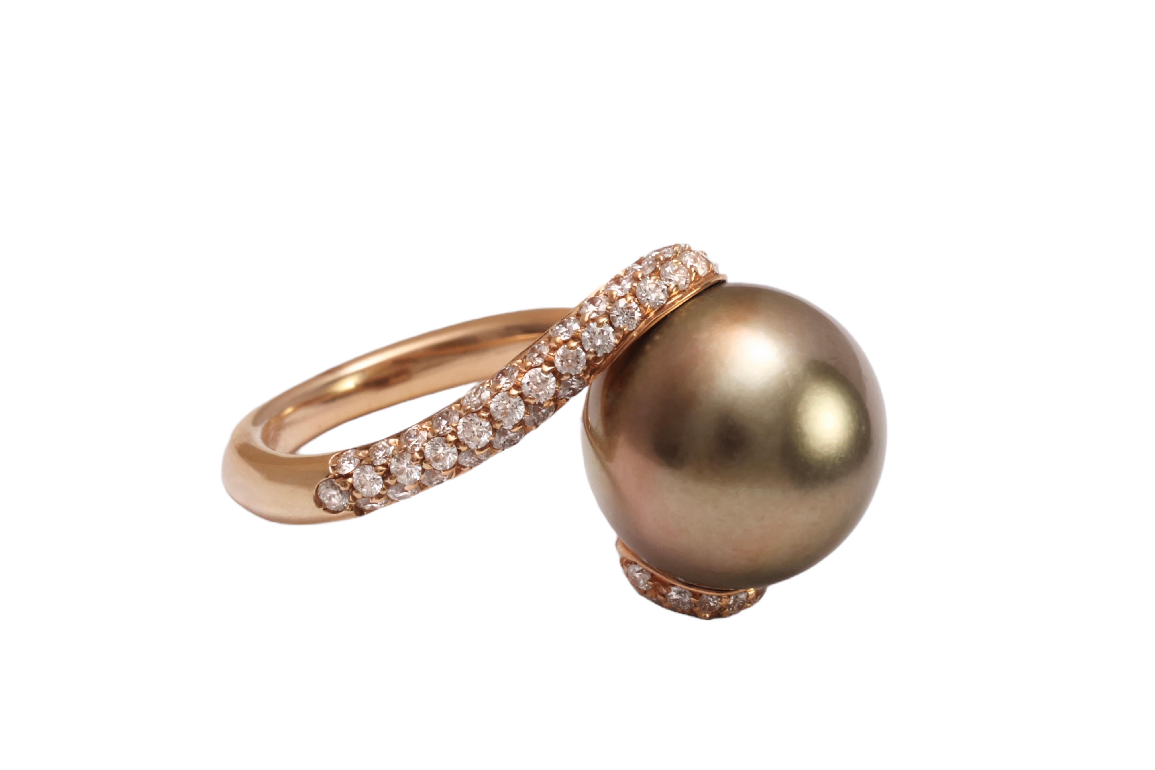 18 kt. Anillo de Oro Rosa y Preciosa Perla de Tahití y 0,96 ct. Diamantes en Nuevo estado para la venta en Antwerp, BE
